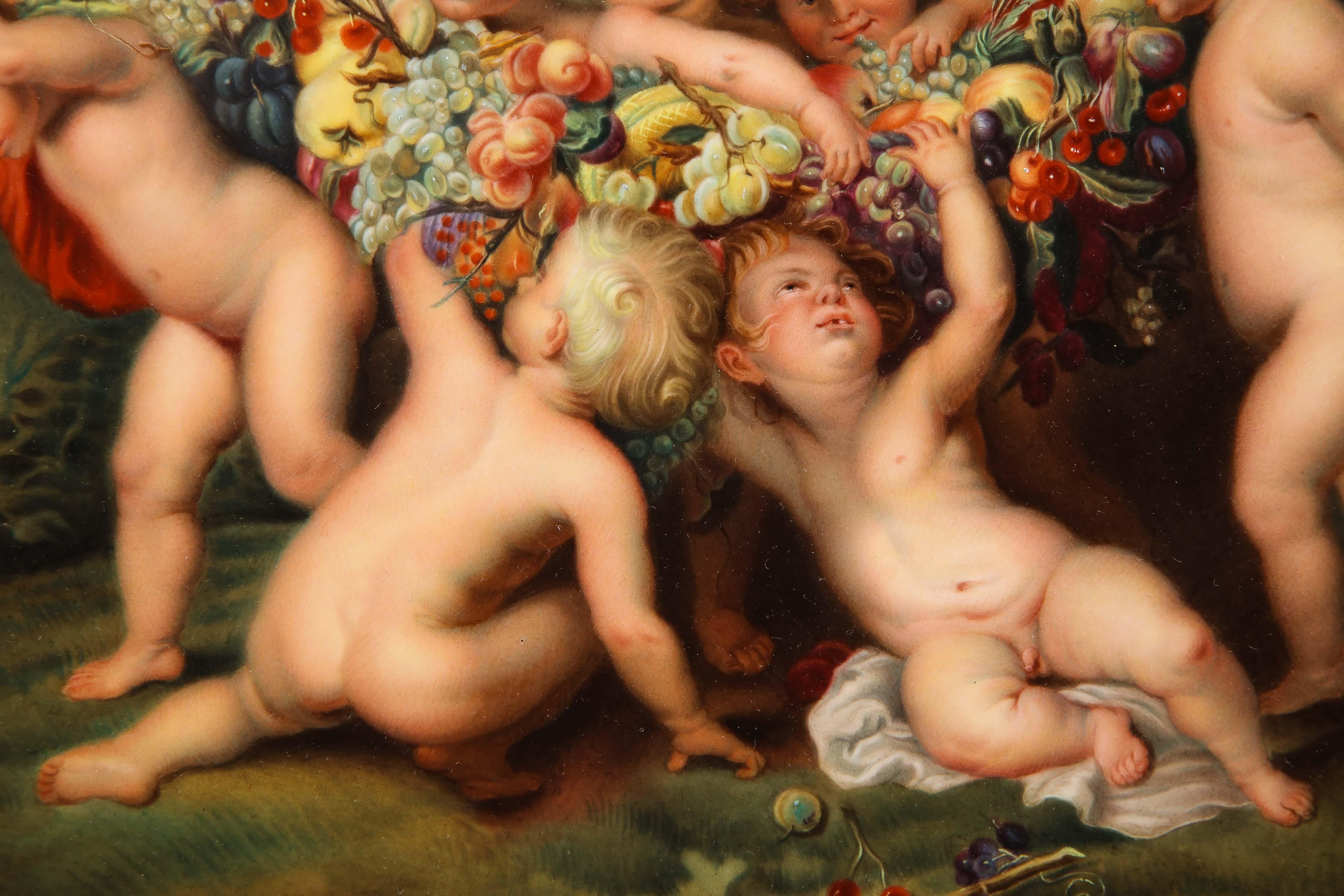 German Hand Painted KPM Plaque of Cherubs with Garland of Fruit after Peter Paul Rubens