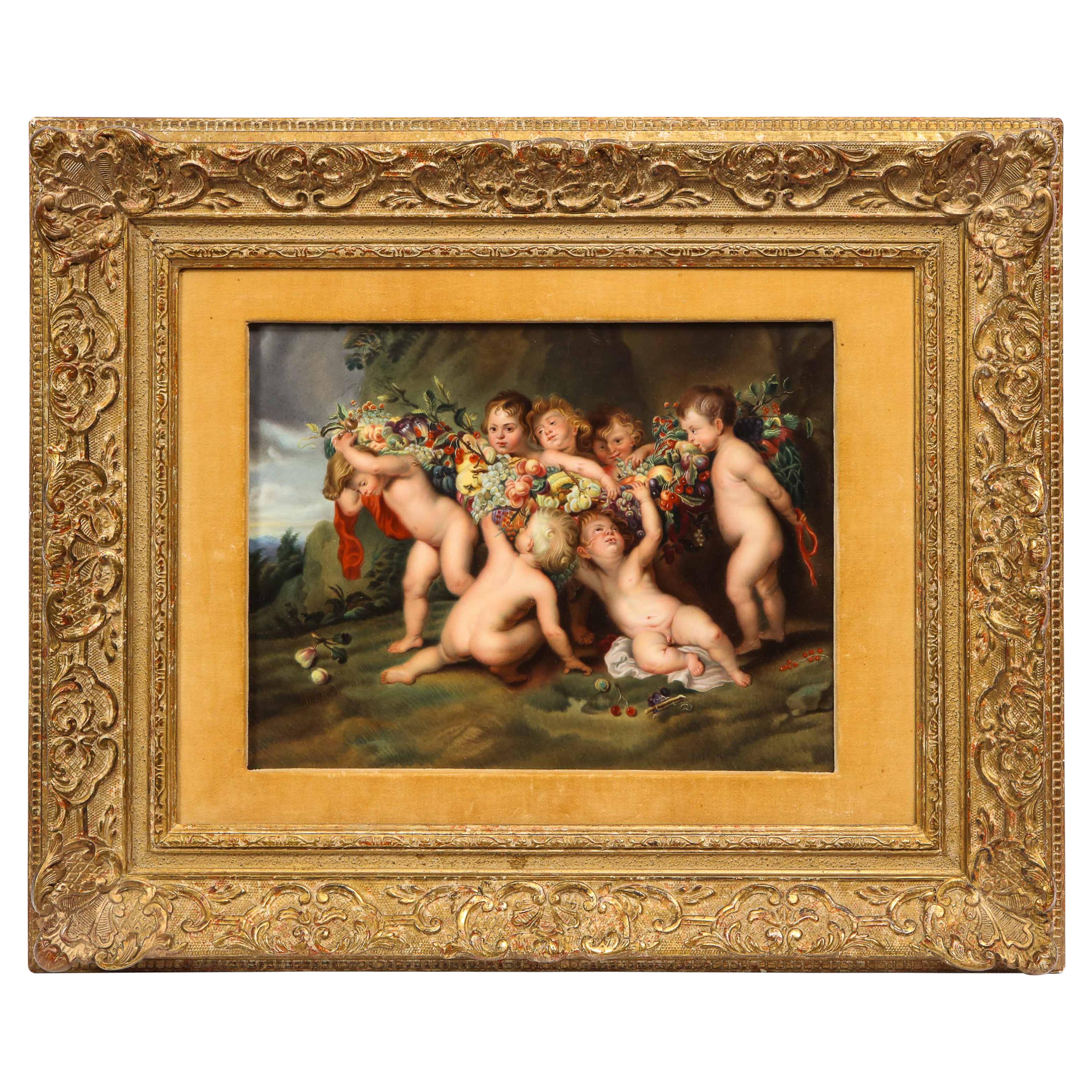 Hand Painted KPM Plaque of Cherubs with Garland of Fruit after Peter Paul Rubens