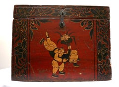 Hand Painted Lacquer Camphor Wood Box with Wrestler Figures and Dovetail Joints