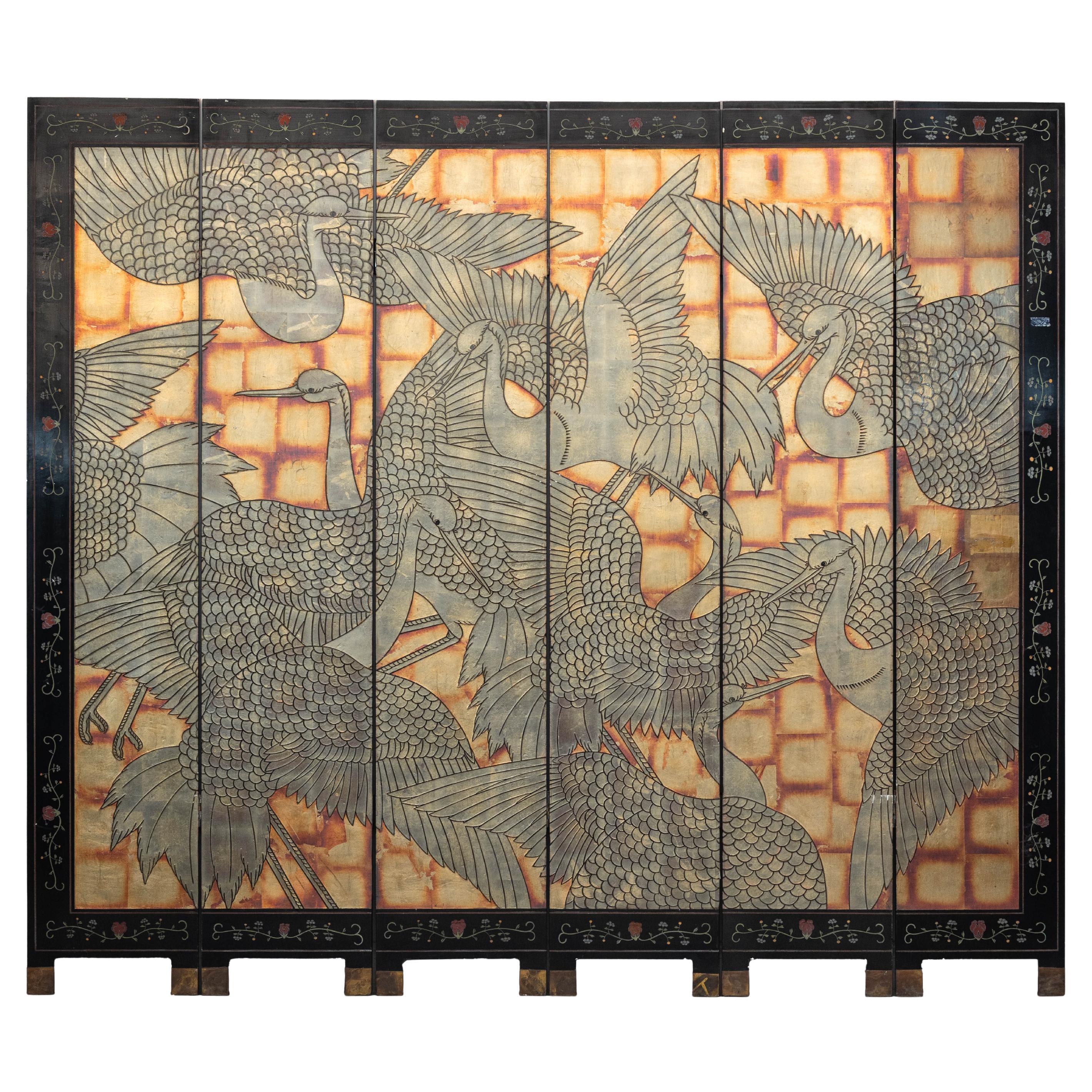 Hand-Painted Lacquer Screen with Flying Cranes and Botanical Motifs