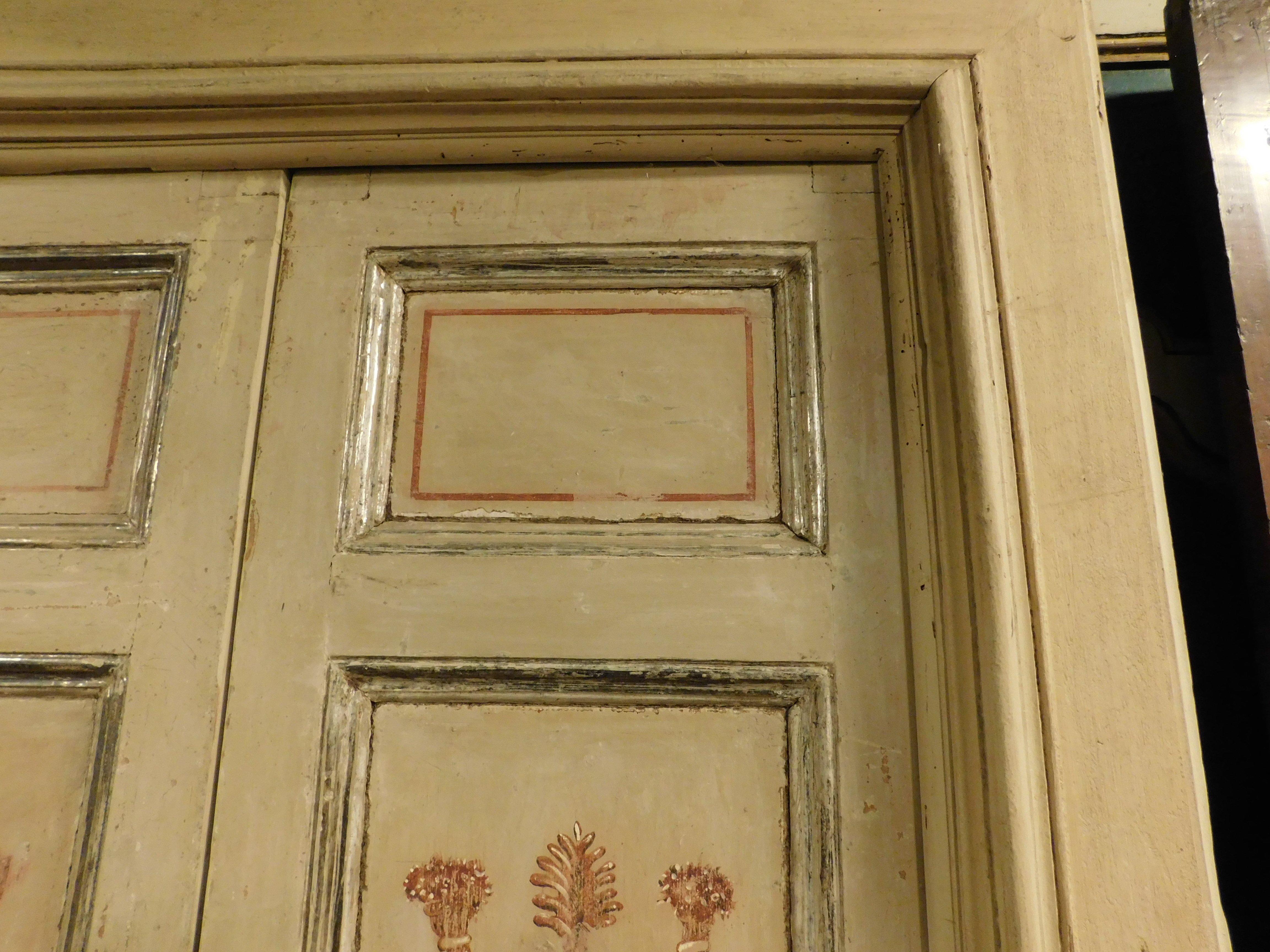 Italian Hand painted lacquered double door, silver mouldings and original frame, Italy For Sale