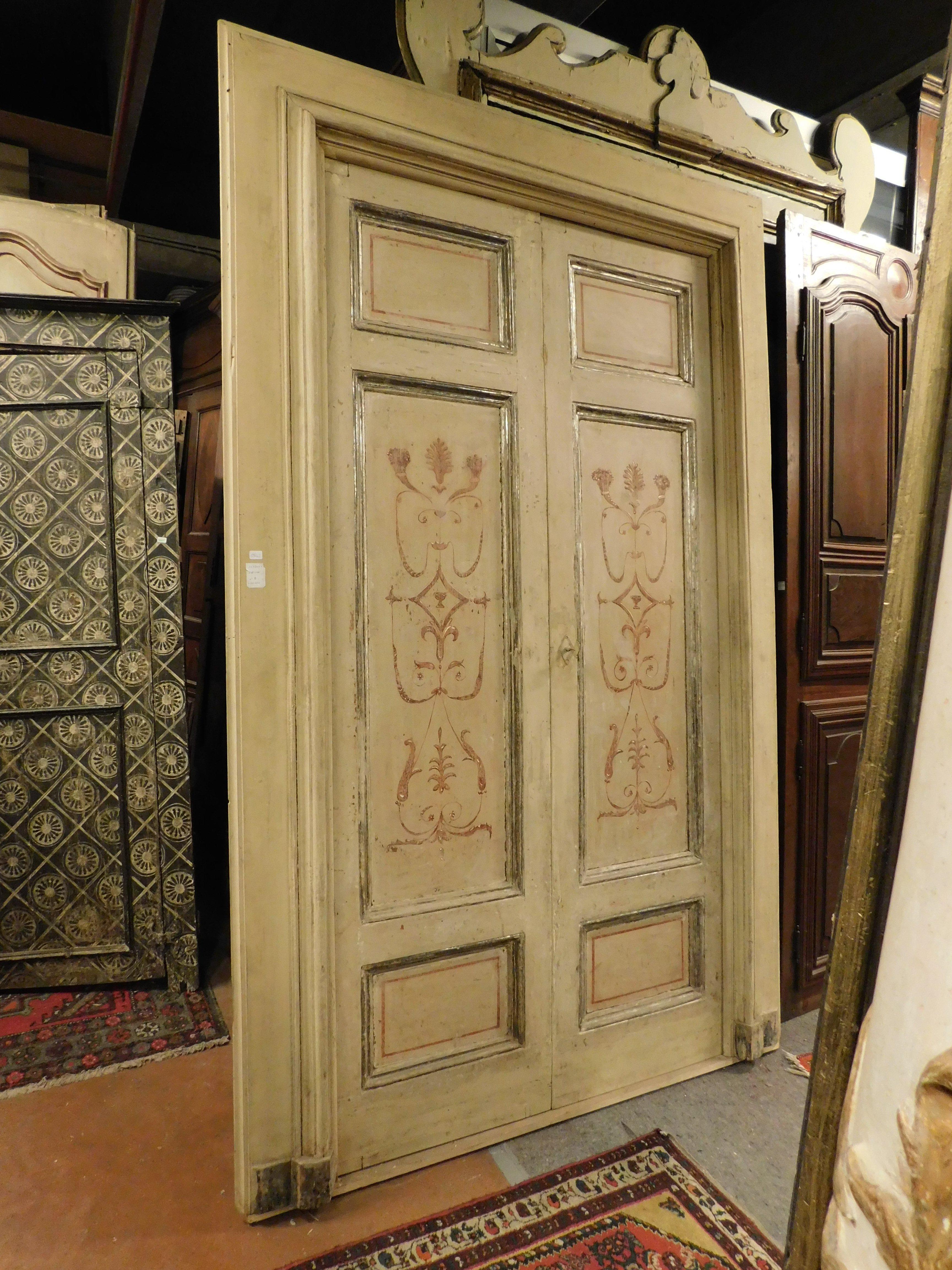 18th Century and Earlier Hand painted lacquered double door, silver mouldings and original frame, Italy For Sale