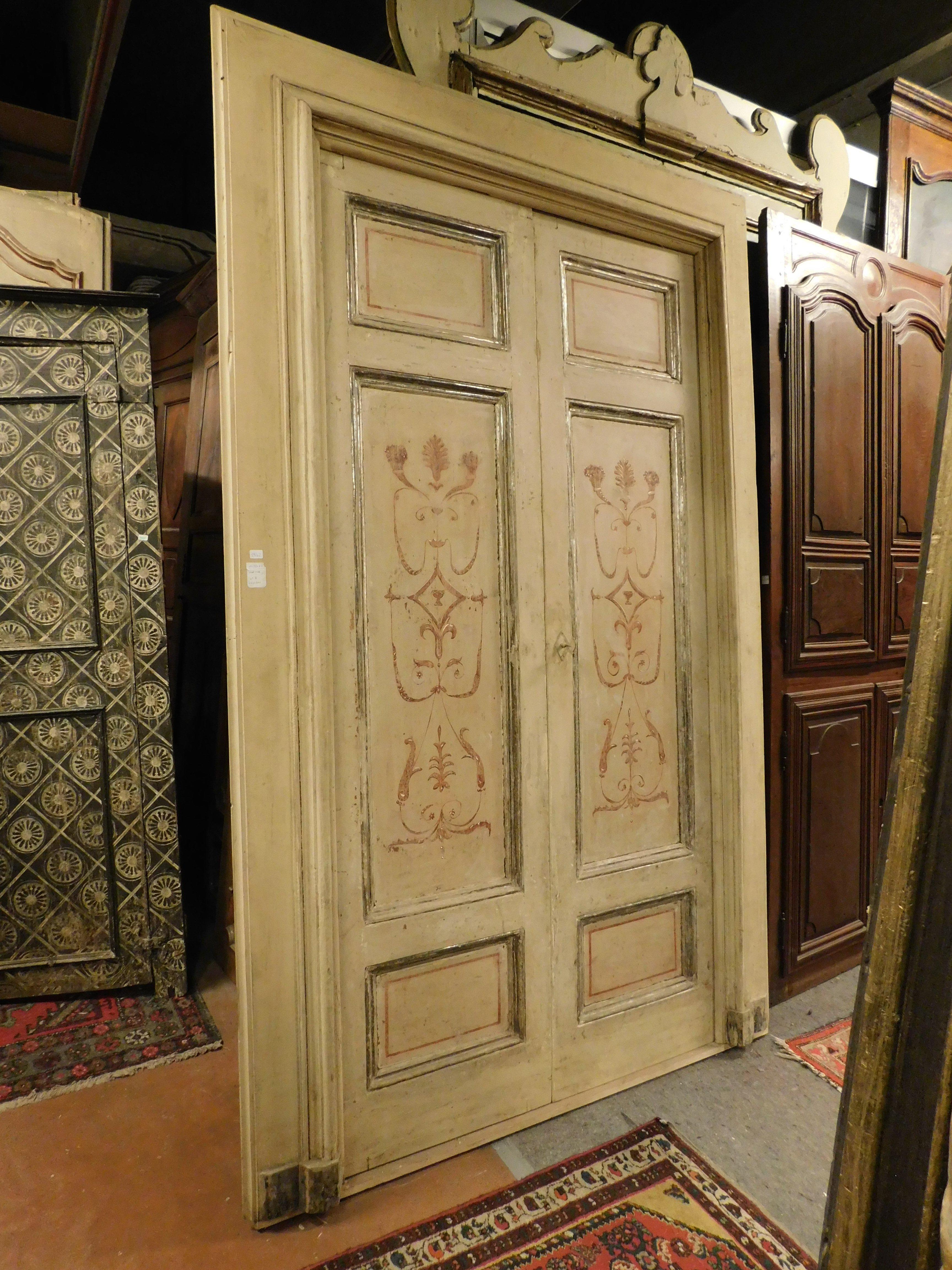 Poplar Hand painted lacquered double door, silver mouldings and original frame, Italy For Sale