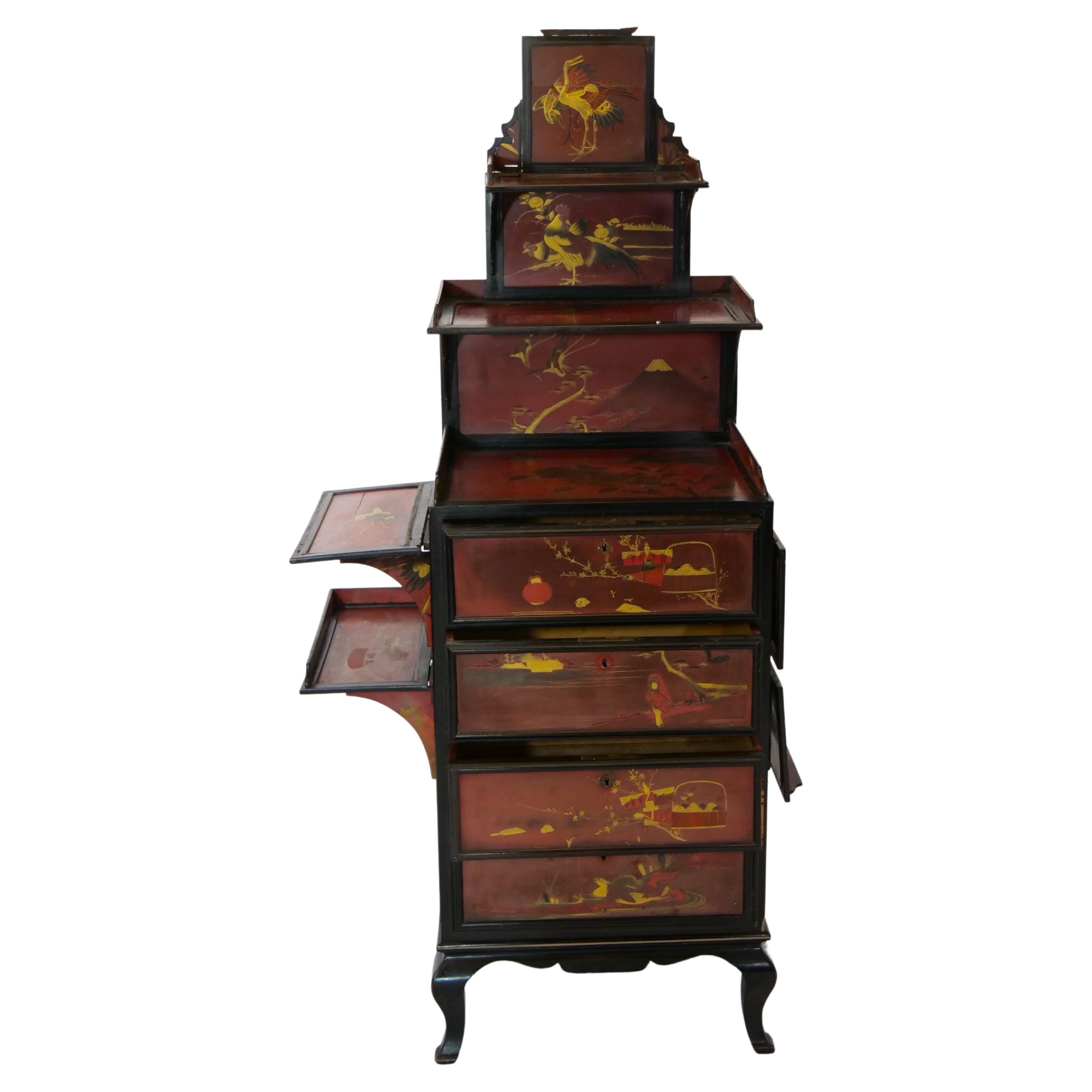 Hand-Carved Hand Painted Lacquered Wood Chinoiserie Cabinet
