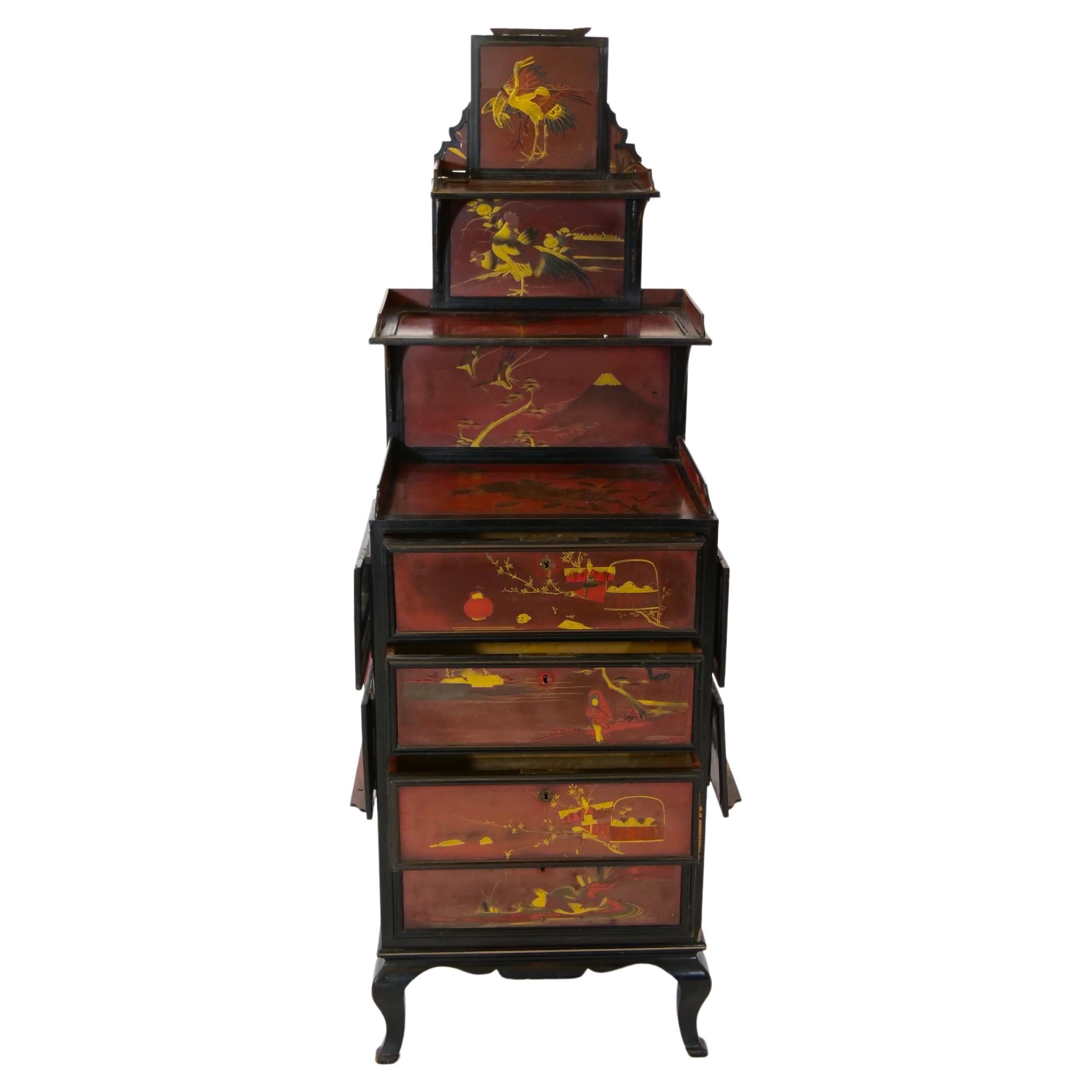 Late 19th Century Hand Painted Lacquered Wood Chinoiserie Cabinet