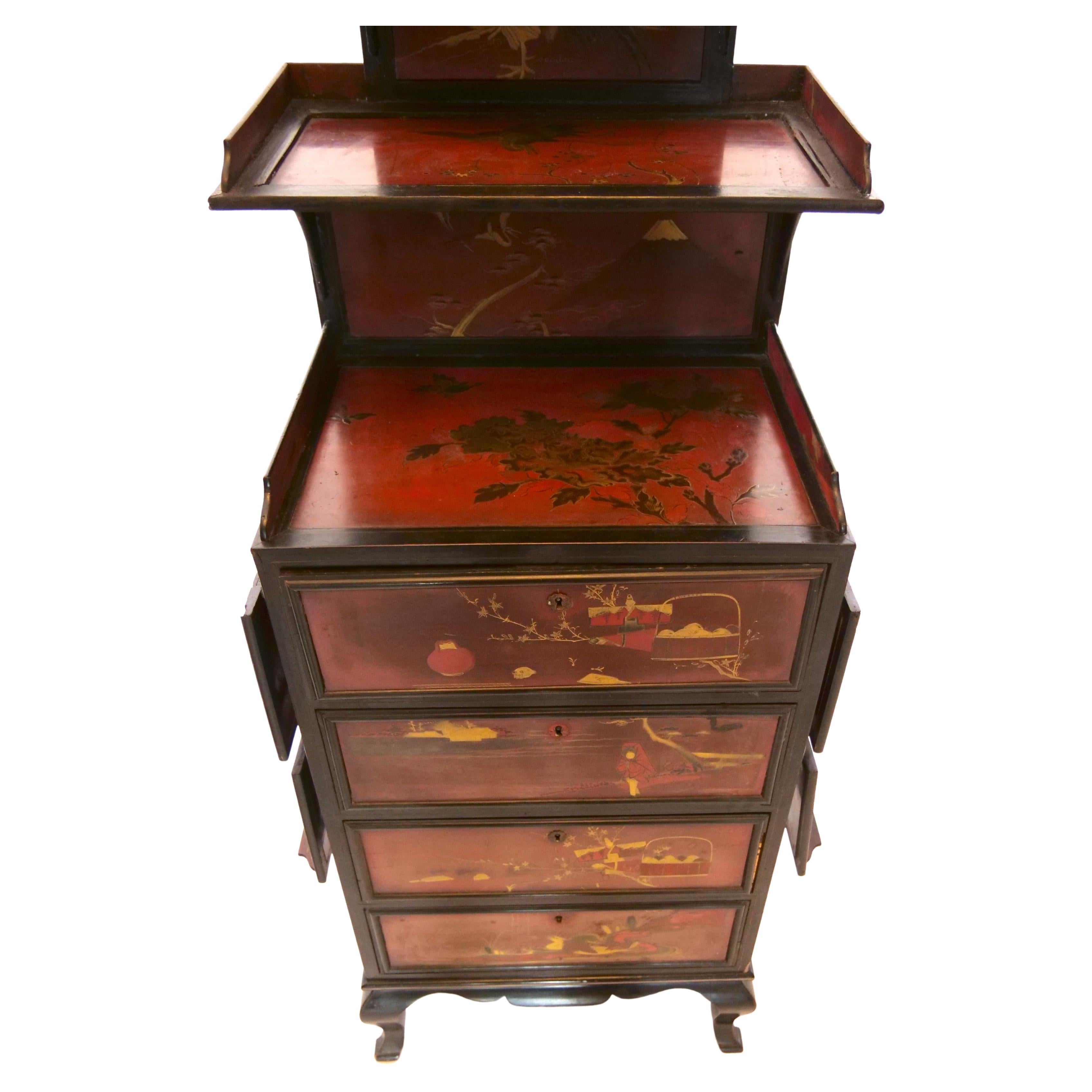 Gold Hand Painted Lacquered Wood Chinoiserie Cabinet