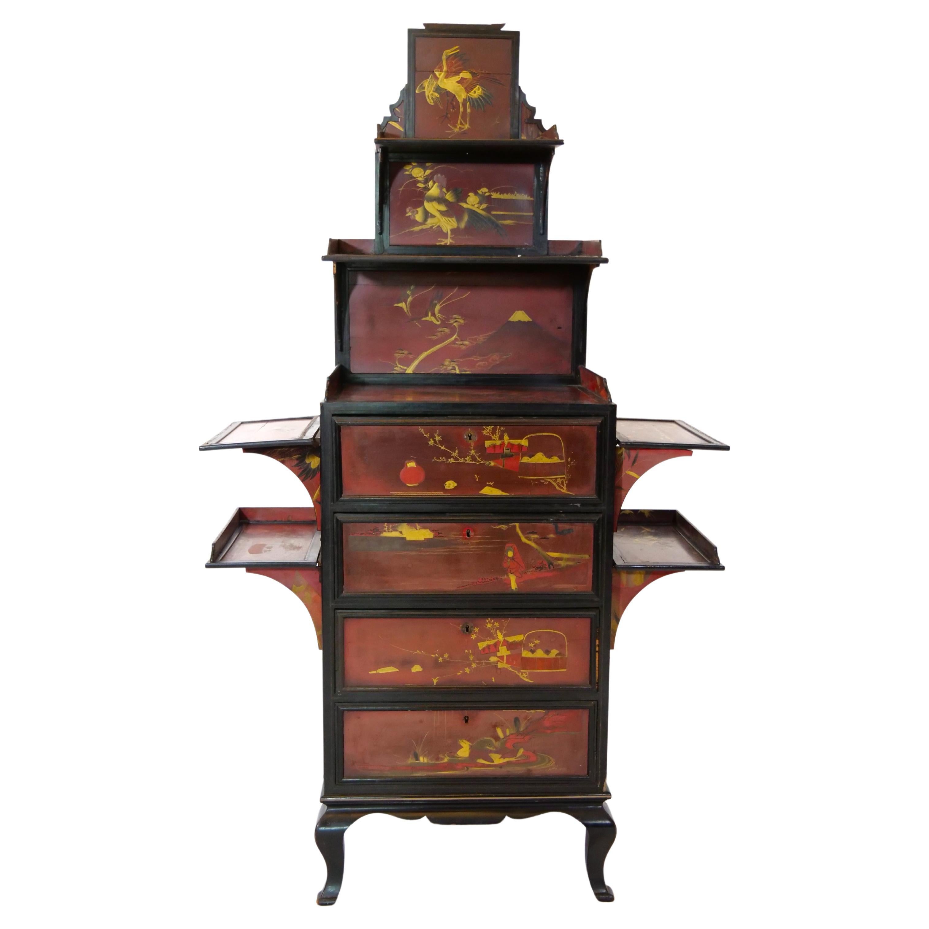 Hand Painted Lacquered Wood Chinoiserie Cabinet