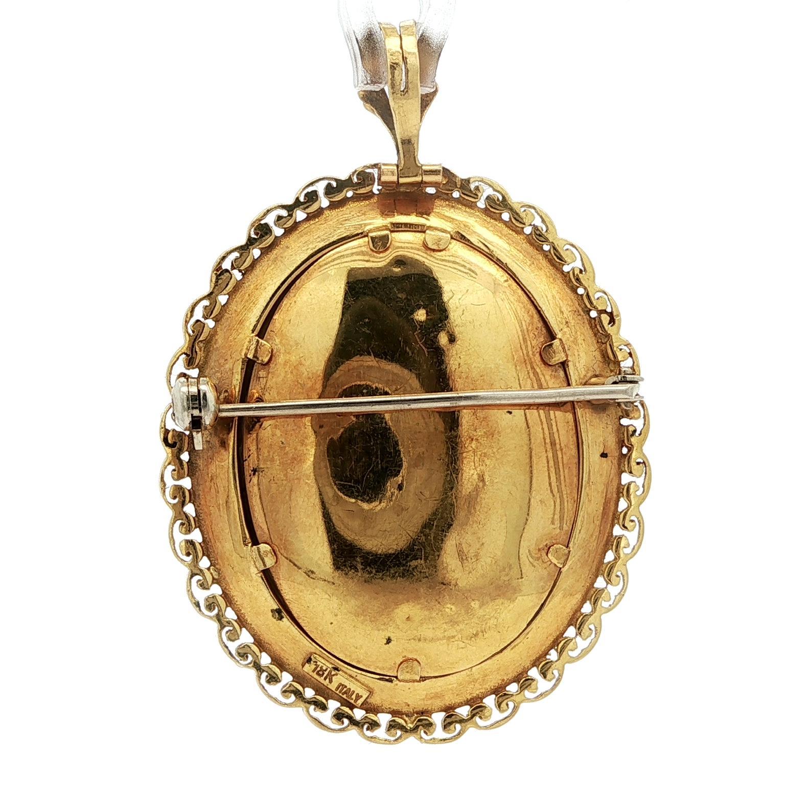 Hand Painted Lady Portrait w/ 18k Yellow Gold & Pearl Frame Pin Brooch Pendant For Sale 5