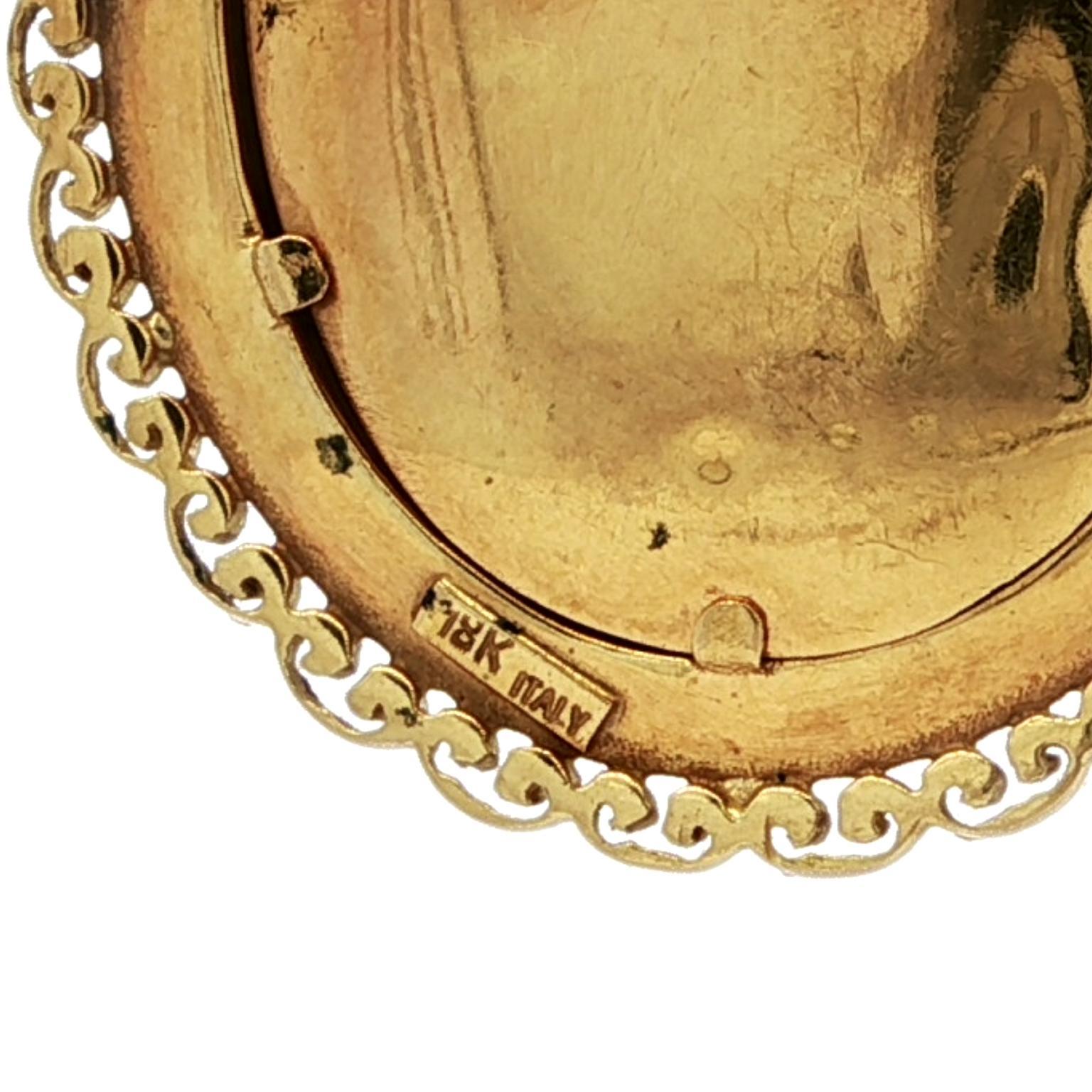 Hand Painted Lady Portrait w/ 18k Yellow Gold & Pearl Frame Pin Brooch Pendant For Sale 1