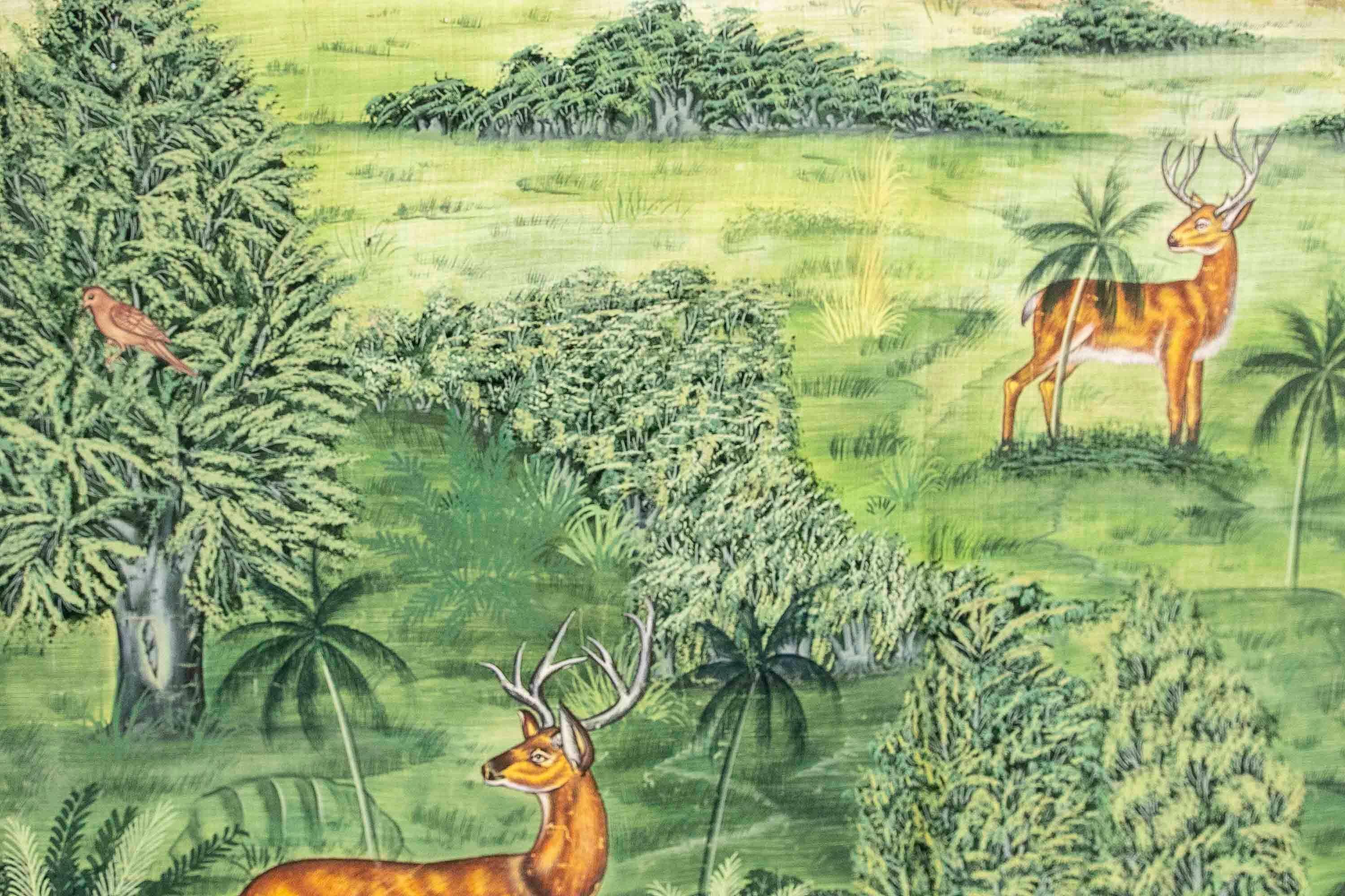 20th Century Hand-Painted Landscape Painting on Canvas with Trees and Different Animals For Sale
