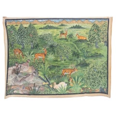Vintage Hand-Painted Landscape Painting on Canvas with Trees and Different Animals