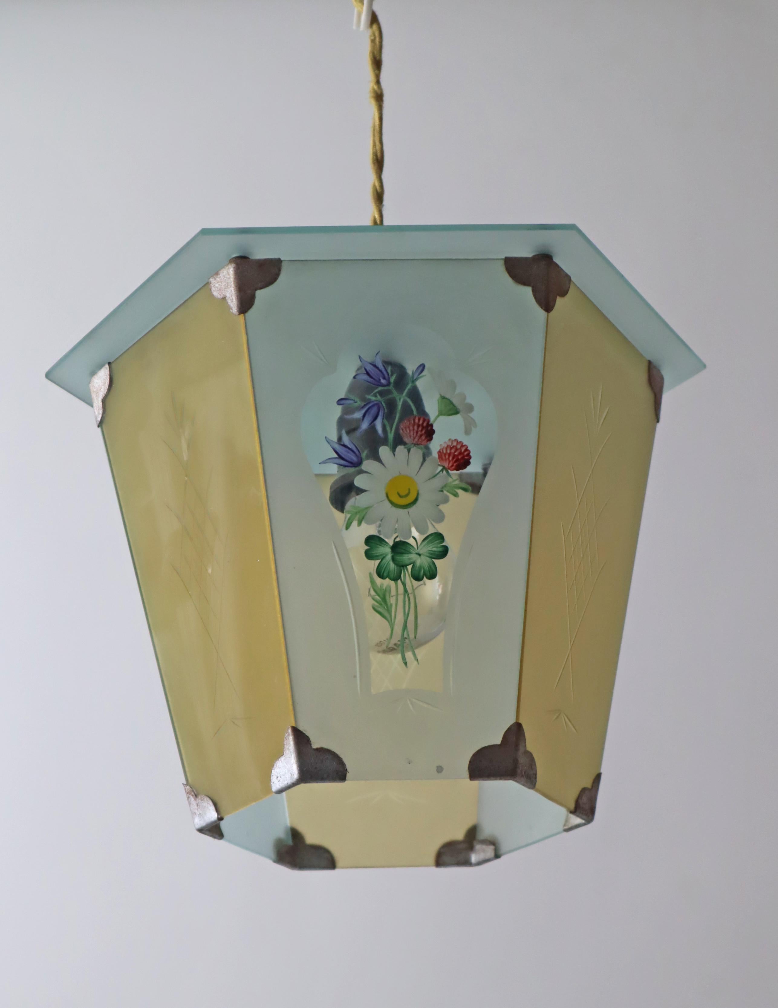 Lámpara farol pintada a mano con flores primaverales Art Decó, Alemania Años 20 en venta 3