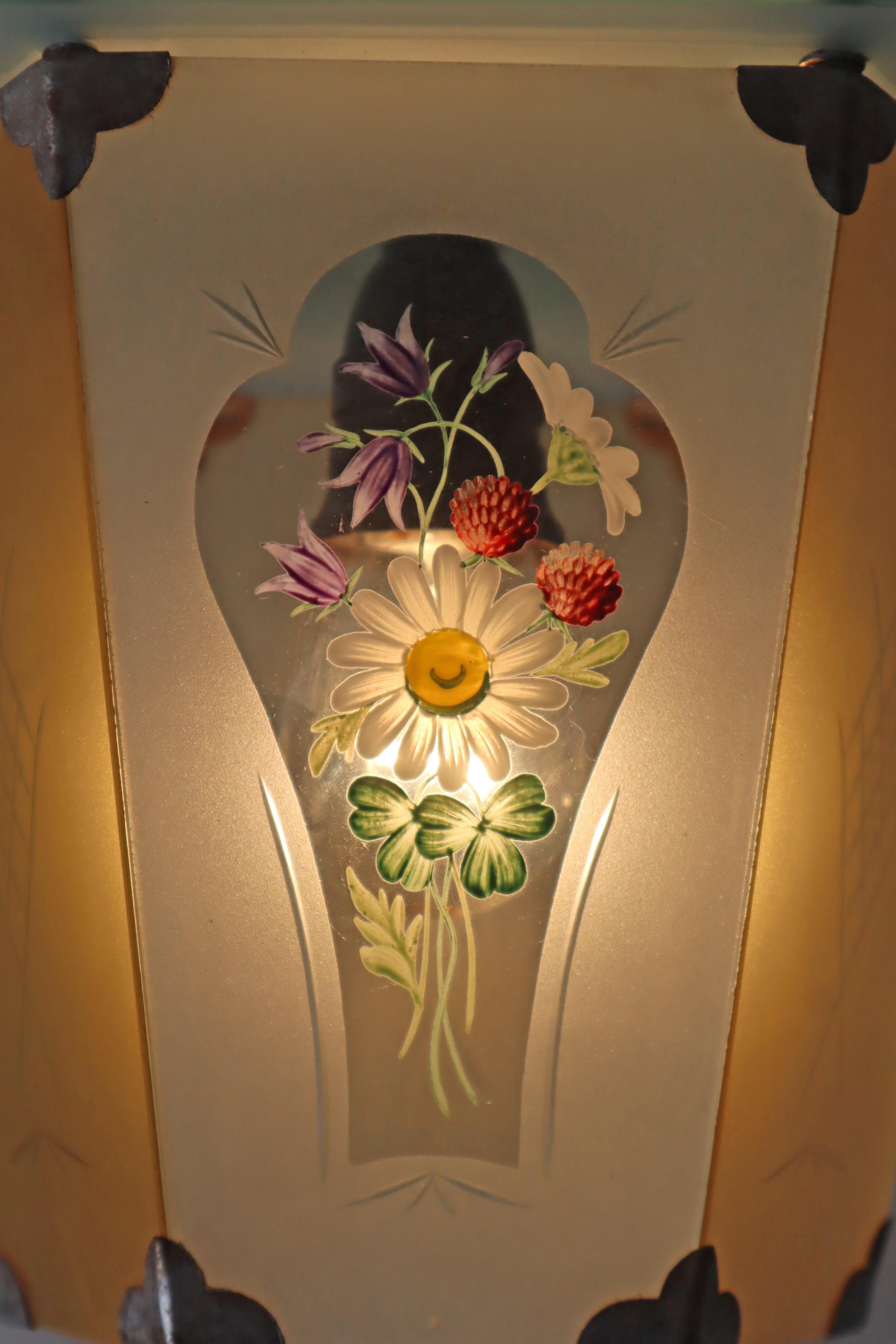 Lámpara farol pintada a mano con flores primaverales Art Decó, Alemania Años 20 Alemán en venta