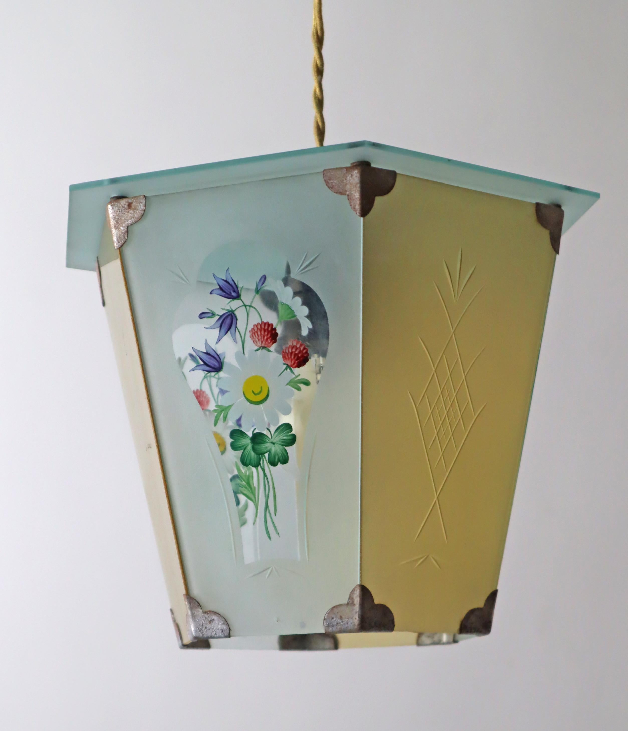 Lámpara farol pintada a mano con flores primaverales Art Decó, Alemania Años 20 en venta 1