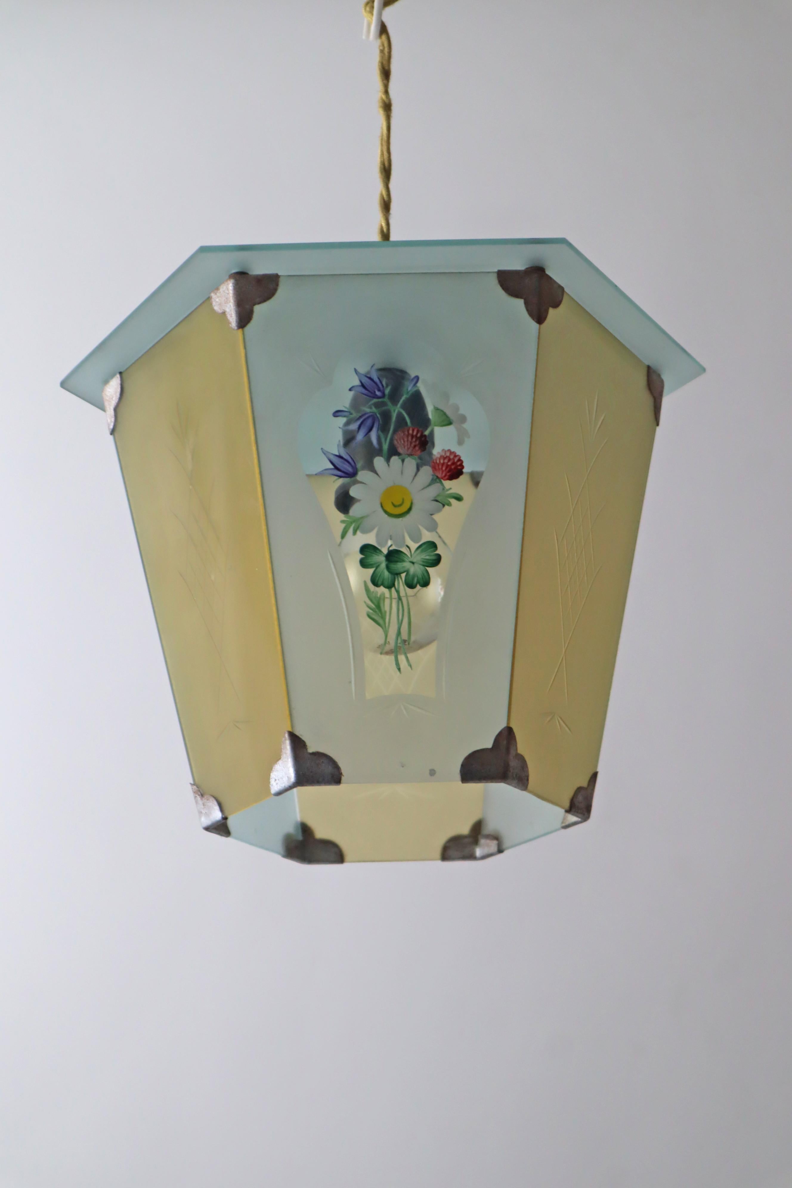 Lámpara farol pintada a mano con flores primaverales Art Decó, Alemania Años 20 en venta 2
