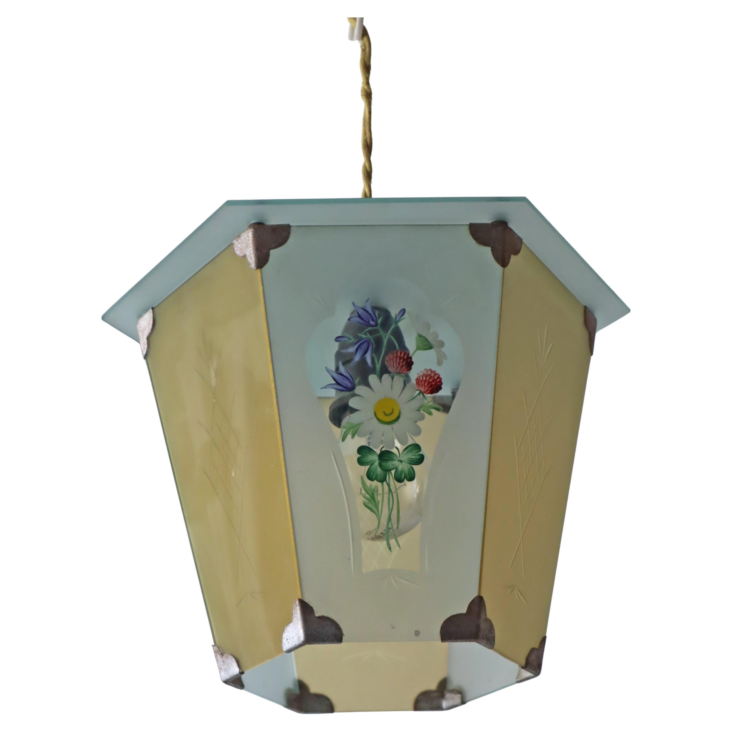 Lámpara farol pintada a mano con flores primaverales Art Decó, Alemania Años 20 en venta