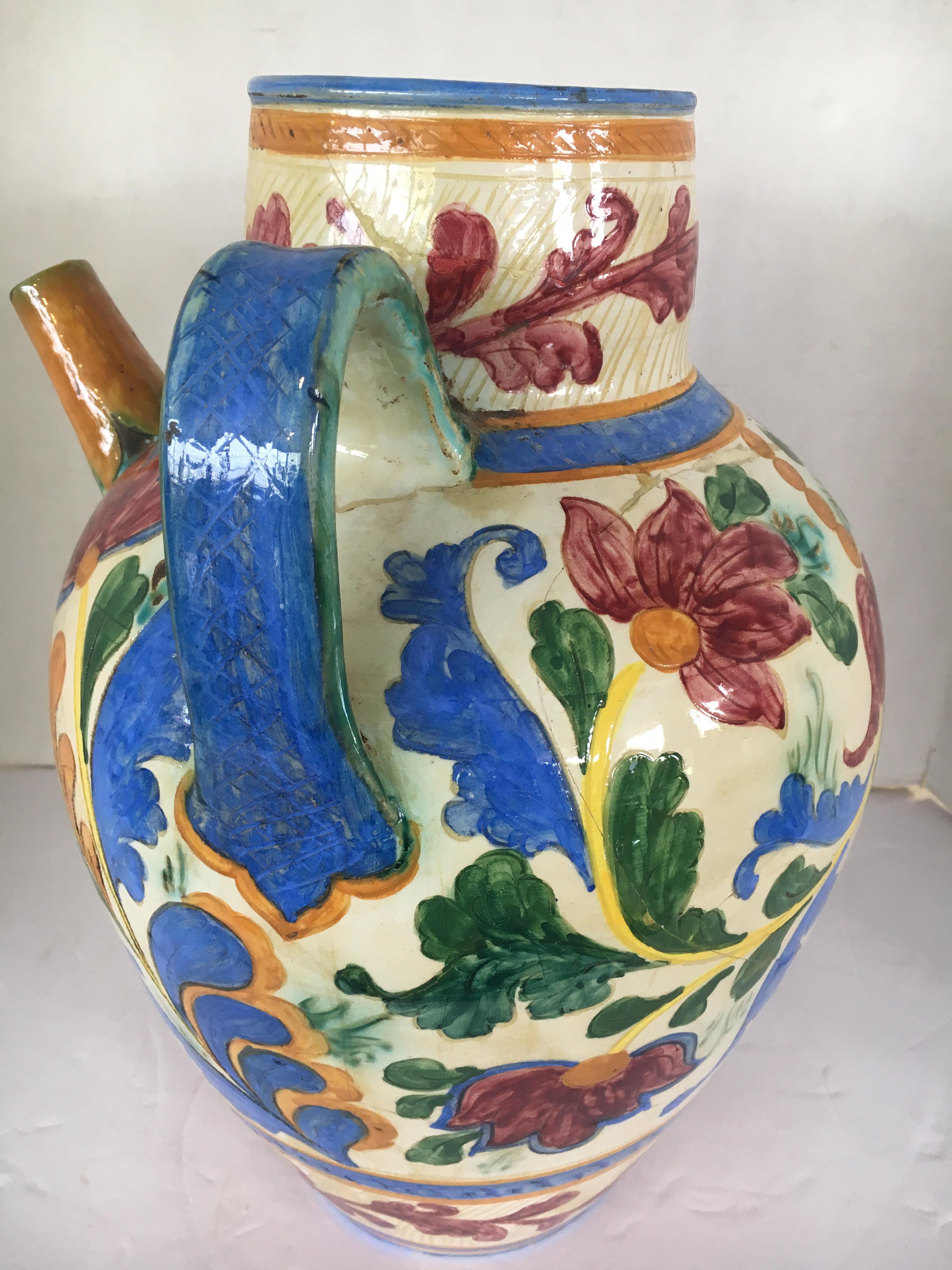 Hand Painted Large Italian Water Jug Made in Italy Signed In Fair Condition In West Hartford, CT