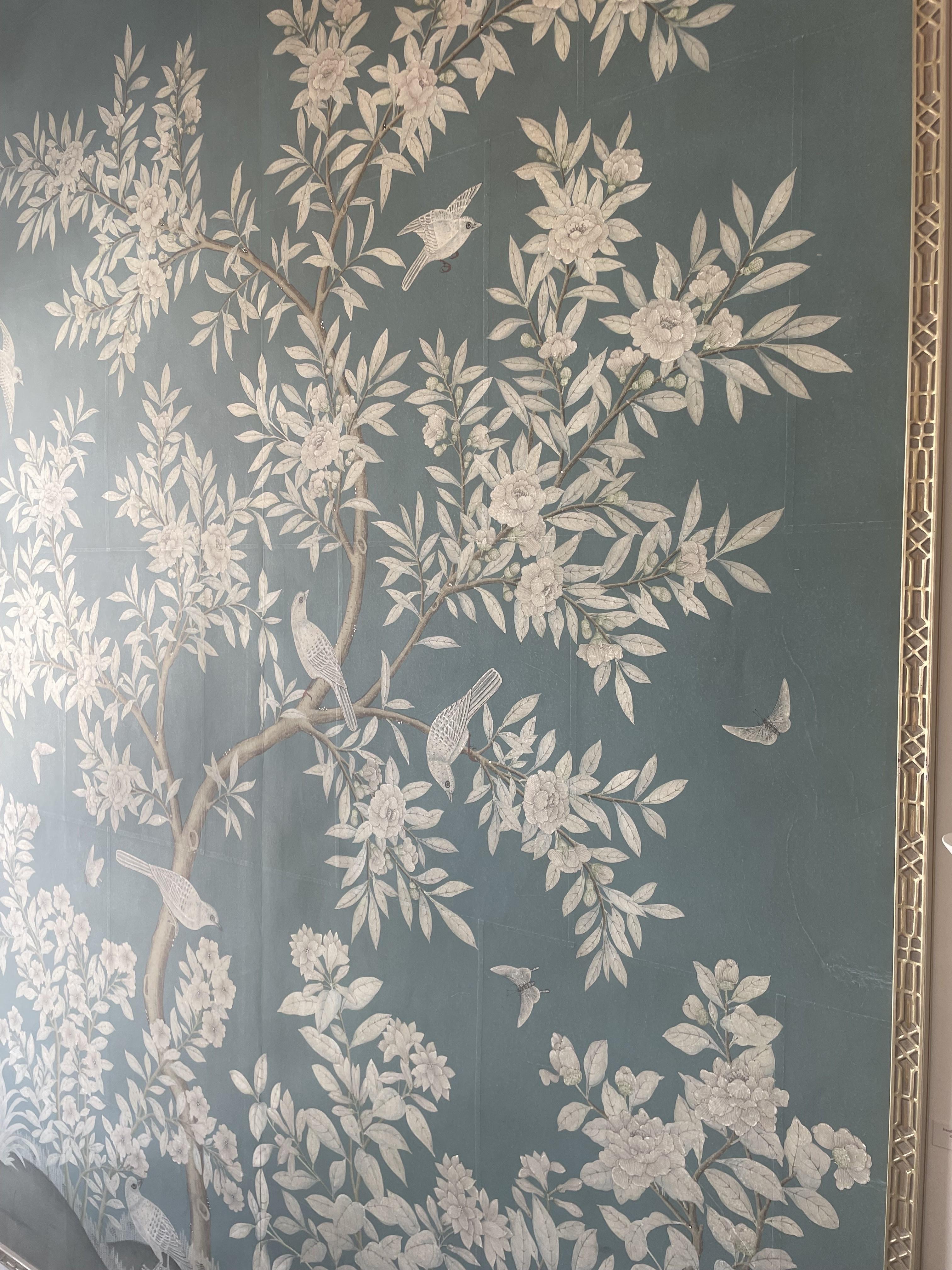 Chinoiserie Hand Painted Large Scale Floral Gracie Wallpaper Panel For Sale
