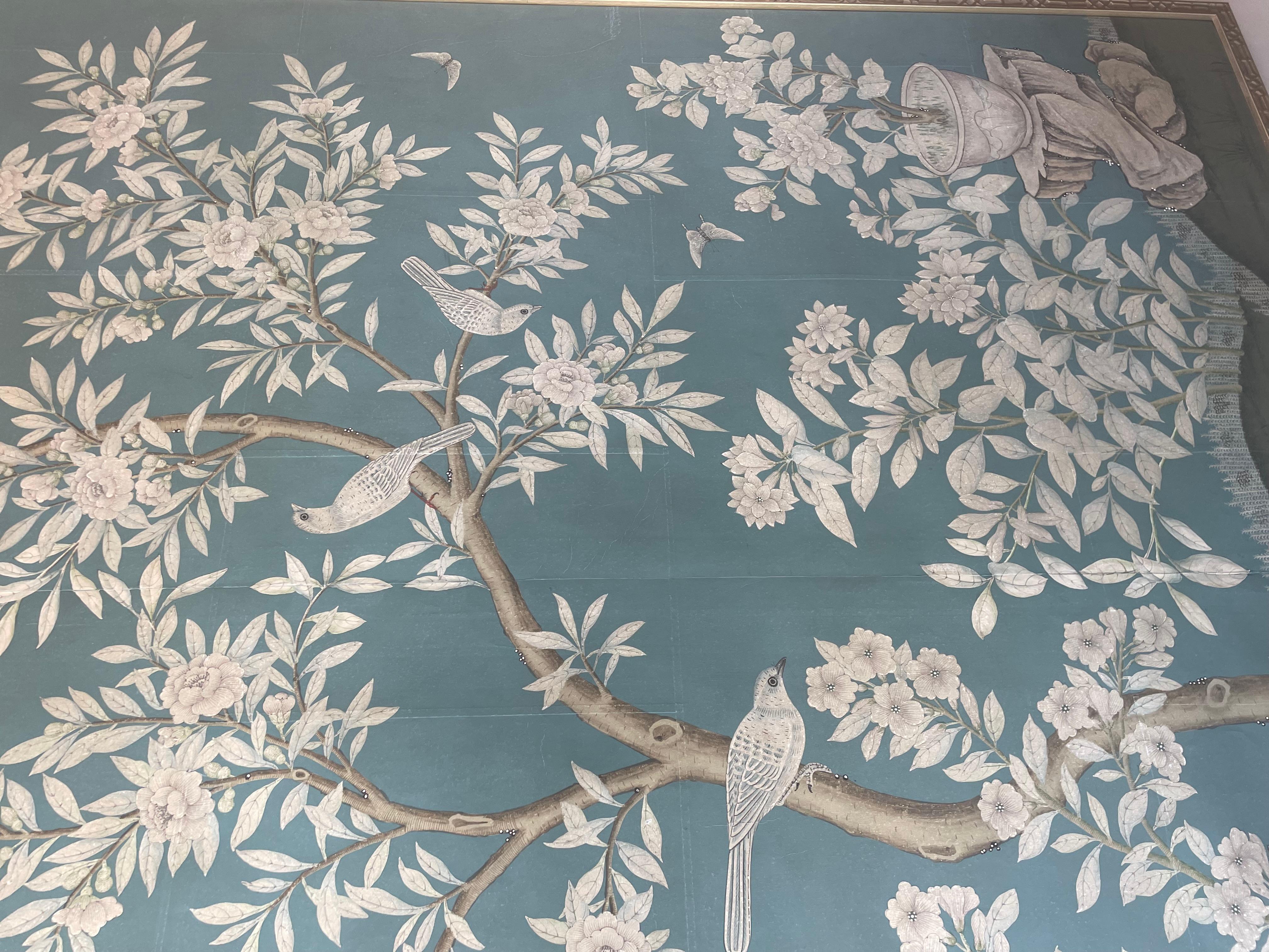 Chinoiserie Hand Painted Large Scale Floral Gracie Wallpaper Panel For Sale