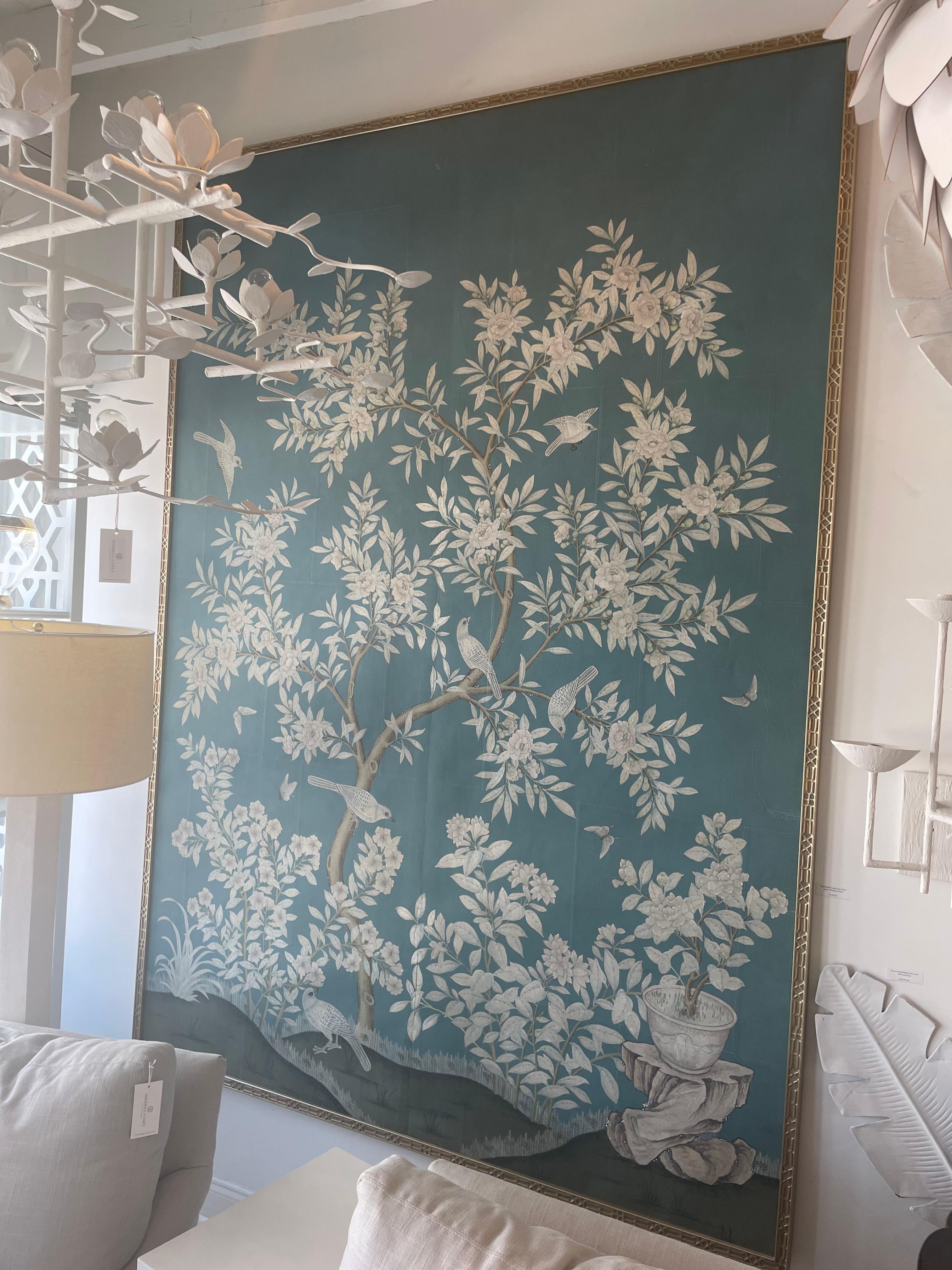Hand Painted Large Scale Floral Gracie Wallpaper Panel In Good Condition For Sale In West Palm Beach, FL