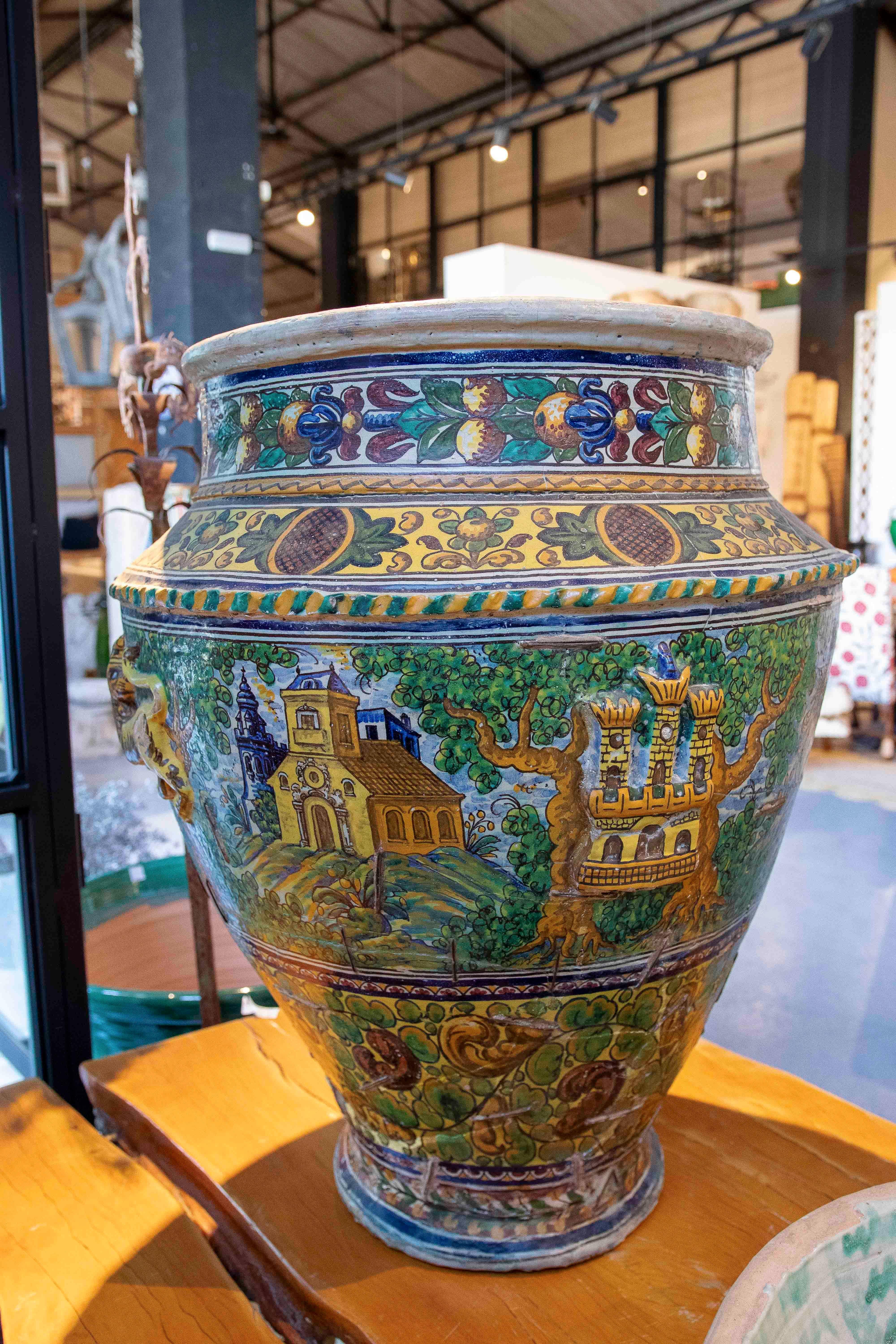 Hand Painted Large Spanish Glazed Ceramic Pottery Pot from Triana (Sevillla) 16