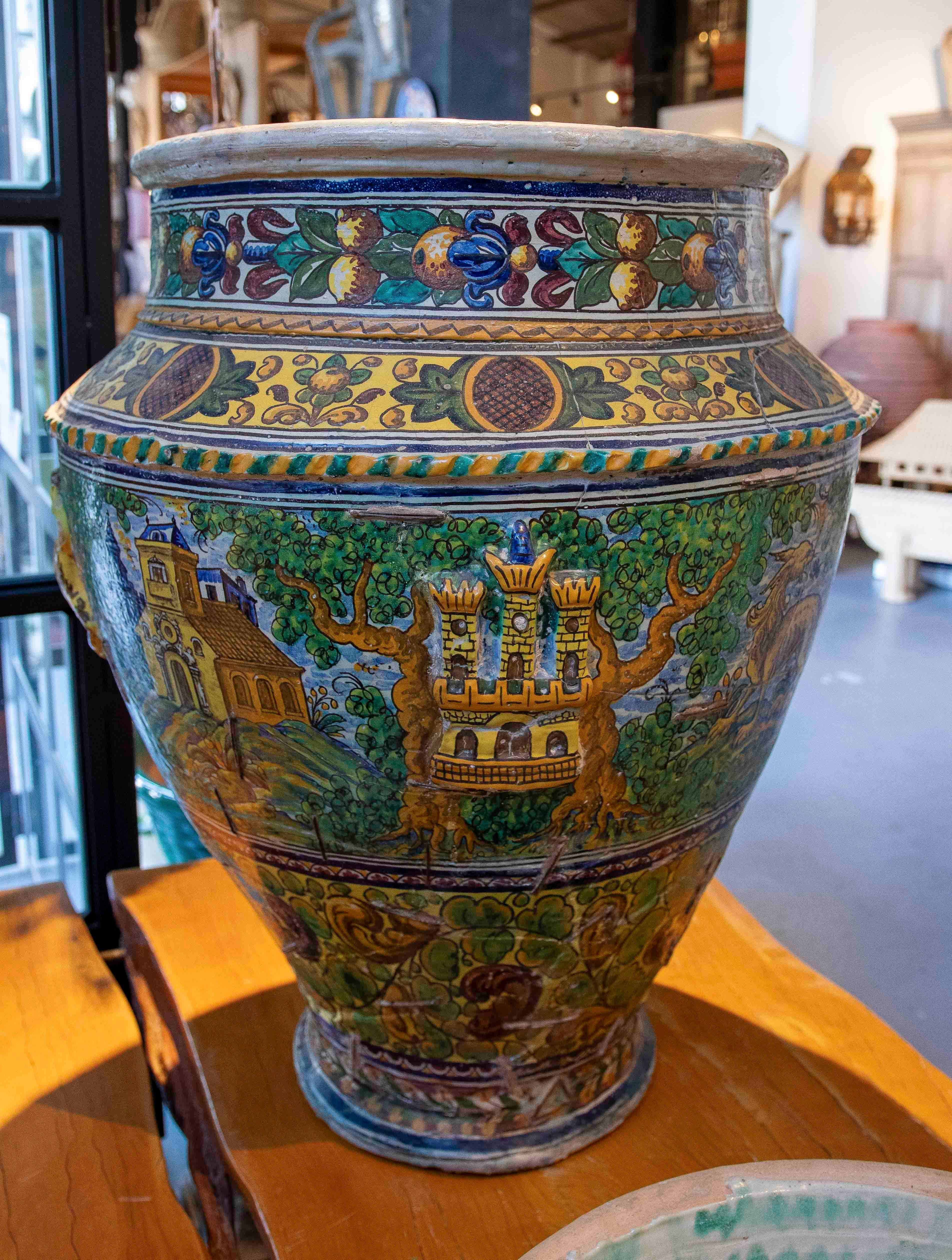 19th Century Hand Painted Large Spanish Glazed Ceramic Pottery Pot from Triana (Sevillla)