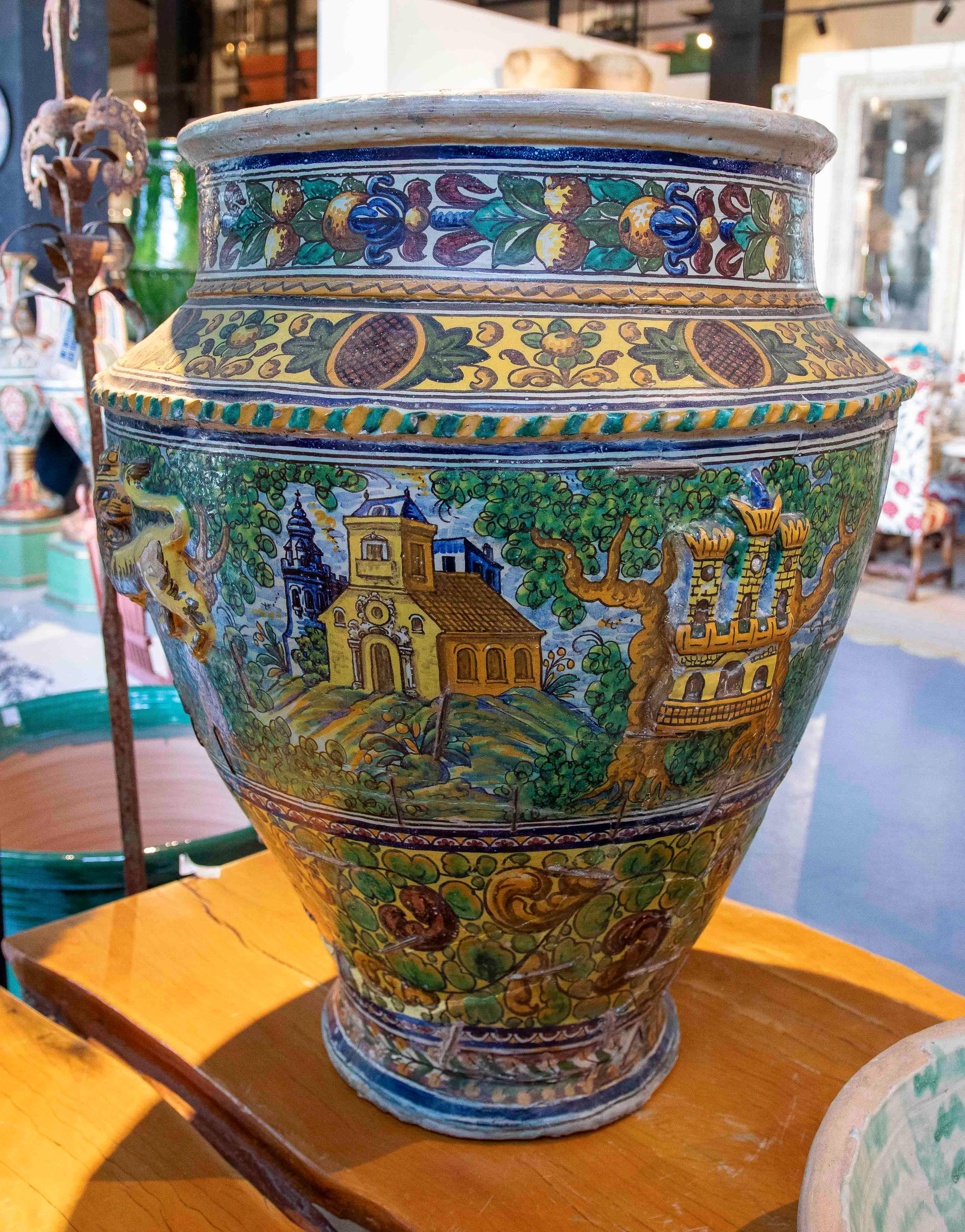 Hand Painted Large Spanish Glazed Ceramic Pottery Pot from Triana (Sevillla) 4