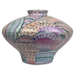 Hand Painted Large Vase or Jardiniere with Pastel Butterfly Motif