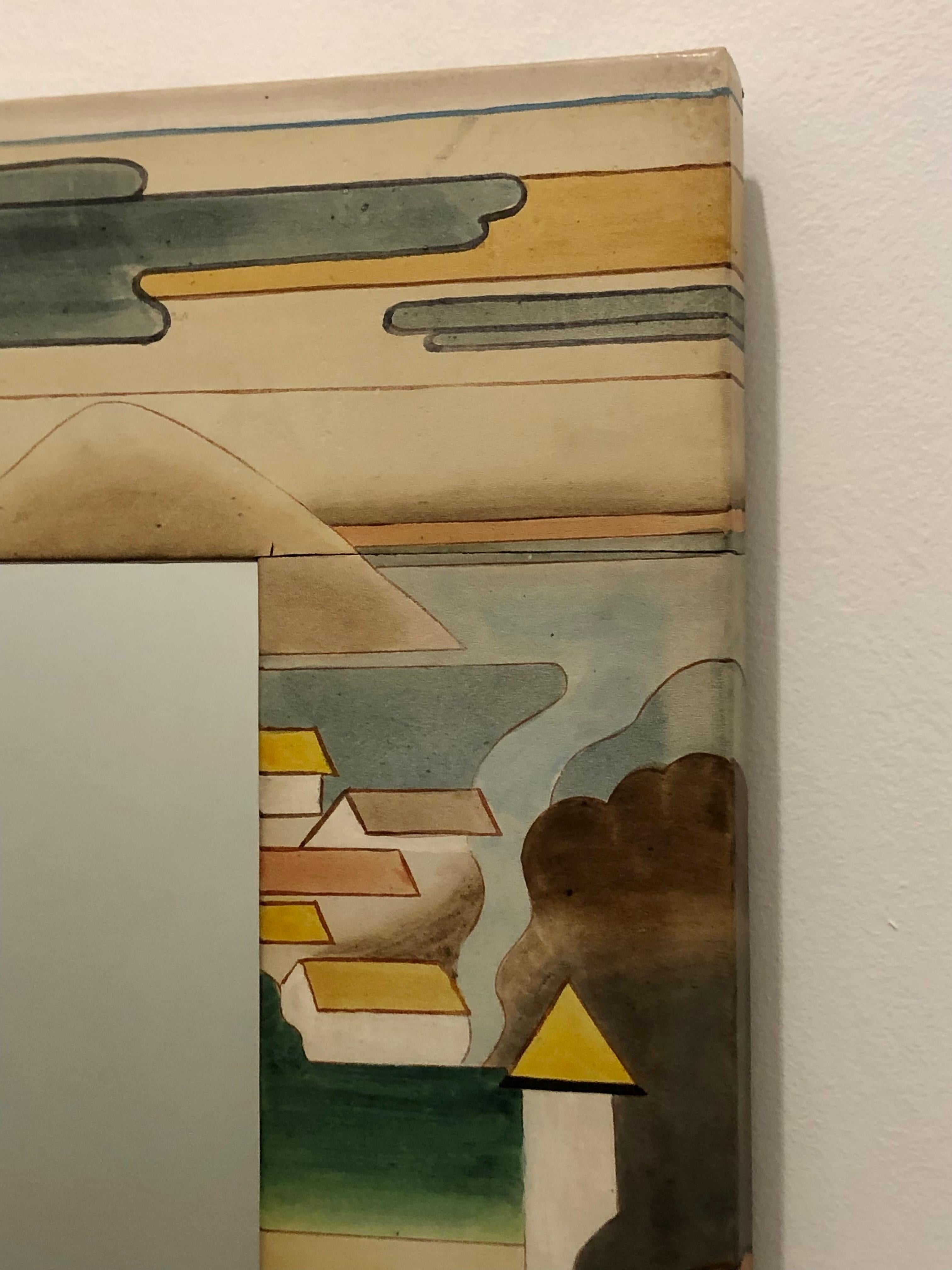 Ungewöhnlicher Wandspiegel des 20. Jahrhunderts, um 1980. Handbemaltes Leder über Holzrahmen. In absolut neuwertigem Zustand, ohne Ausbleichen, Risse oder Kratzer.
Dies ist ein wunderschönes Stück mit stilisierten Bildern von Bäumen und Dorfhäusern.