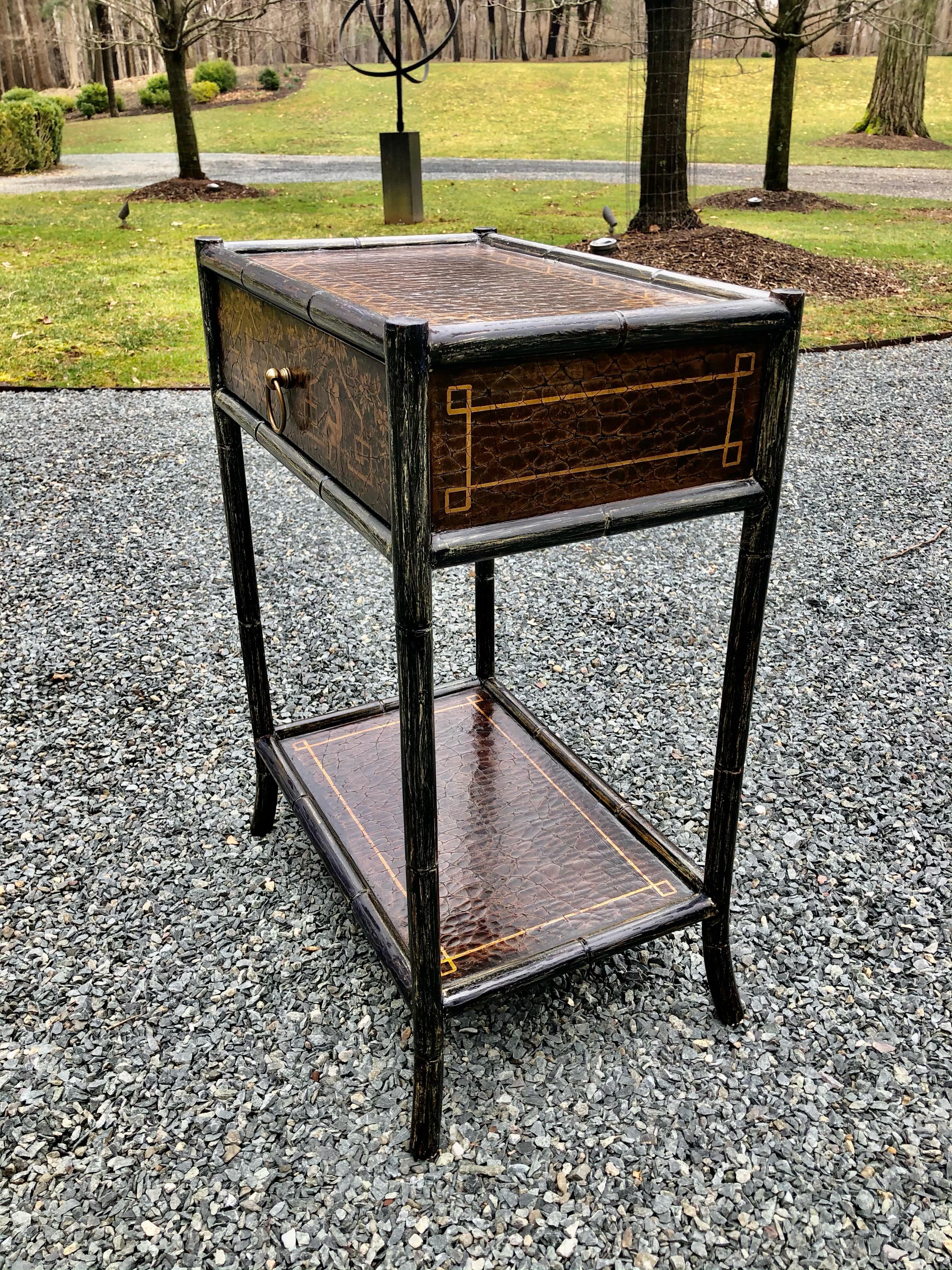 Hand Painted Leather and Faux Bamboo End Table Night Stand with Monkey Motife 6