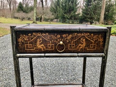 Hand Painted Leather and Faux Bamboo End Table Night Stand with Monkey Motife