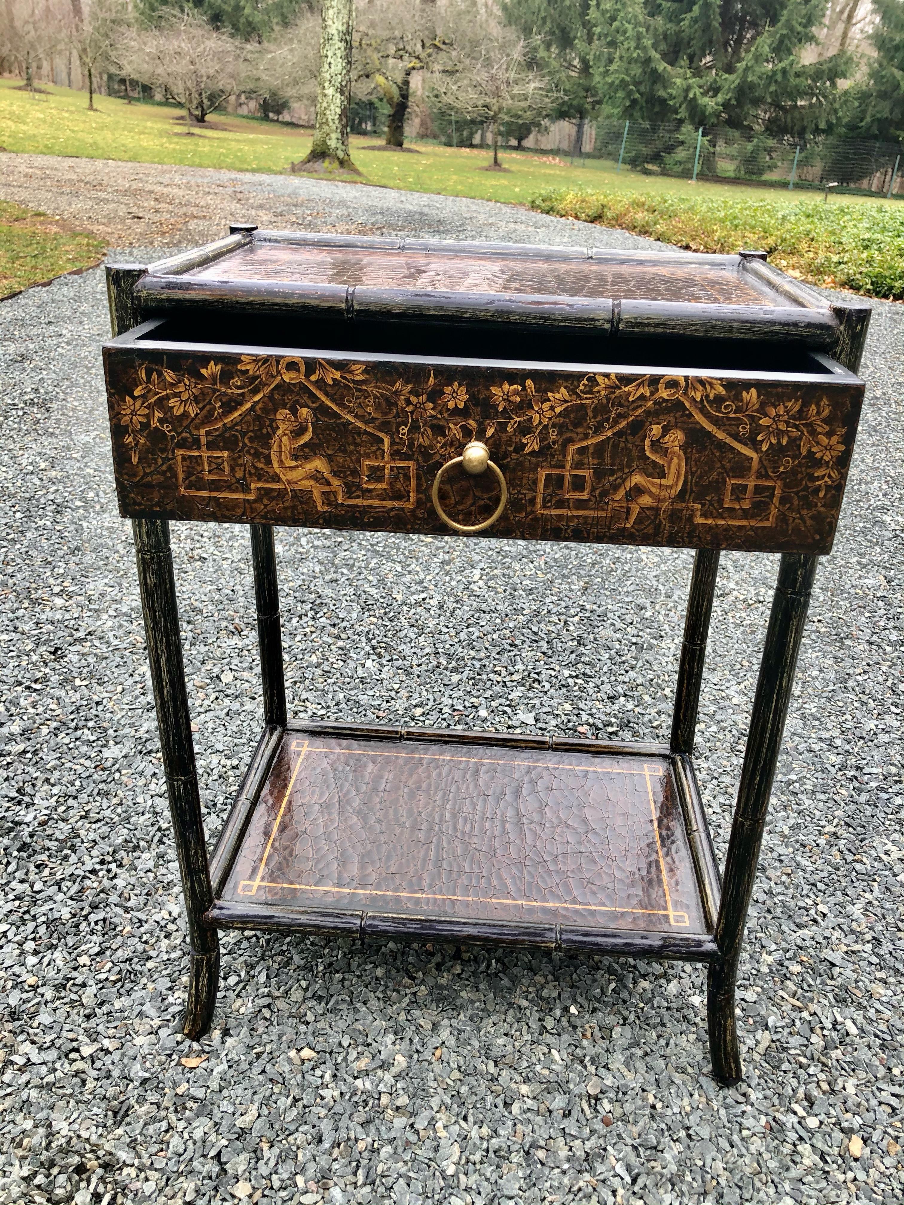 Late 20th Century Hand Painted Leather and Faux Bamboo End Table Night Stand with Monkey Motife