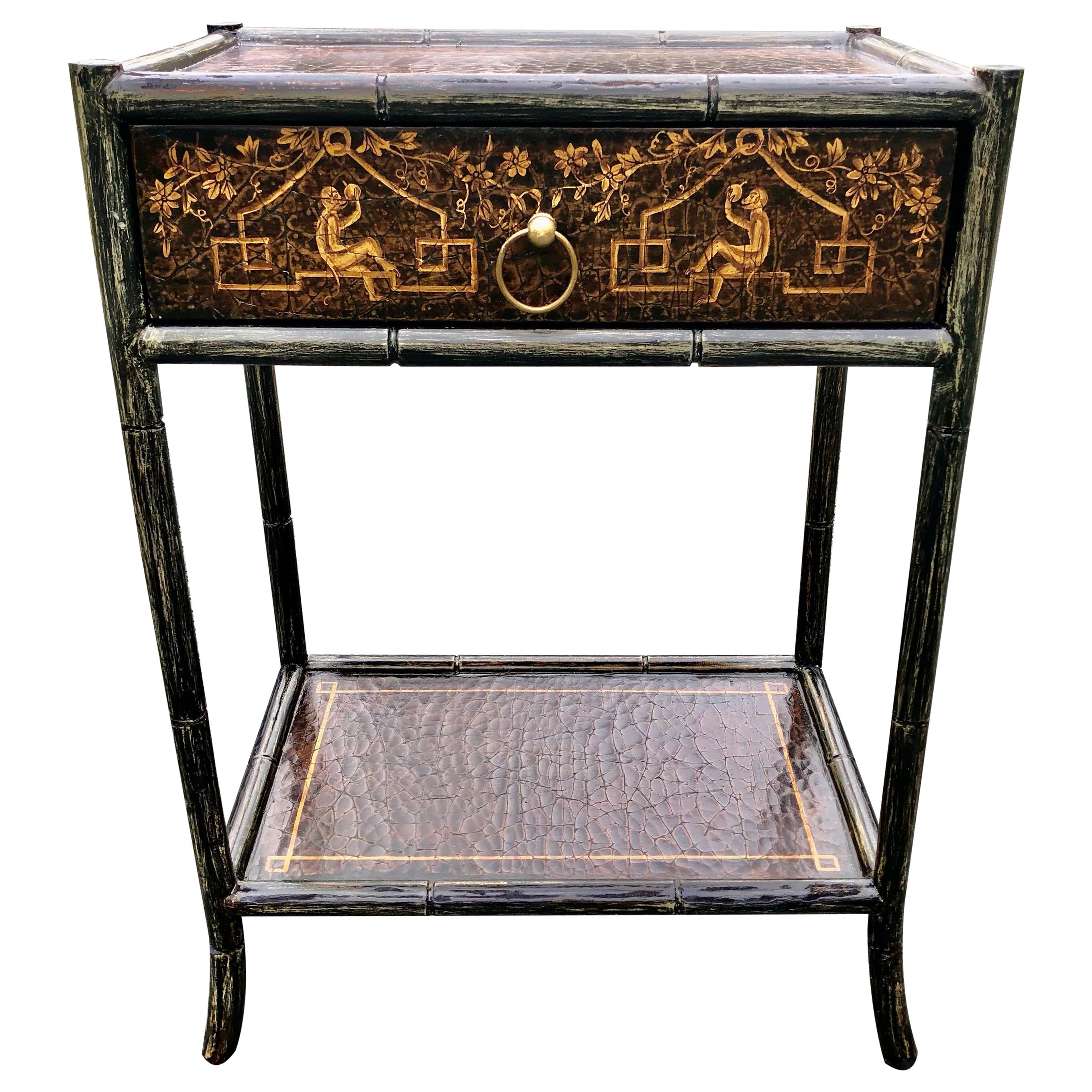 Hand Painted Leather and Faux Bamboo End Table Night Stand with Monkey Motife