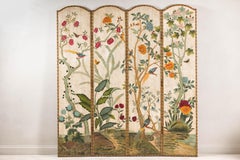 Hand-Painted Leather Four-Panel Screen with Botanical Motifs and Scalloped Lines