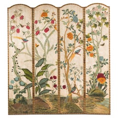 Hand-Painted Leather Four-Panel Screen with Botanical Motifs and Scalloped Lines