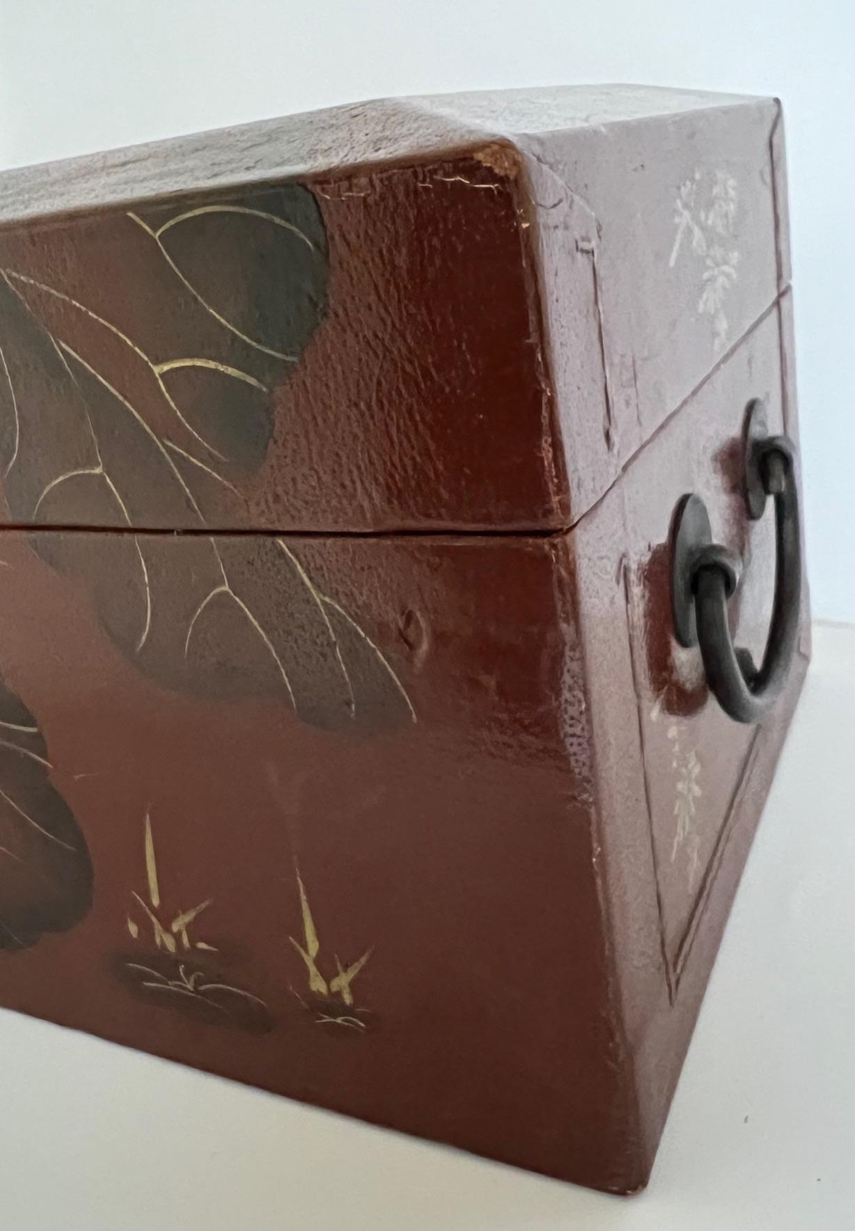 Hand Painted Leather Mounted Box with Metal Hardware For Sale 3