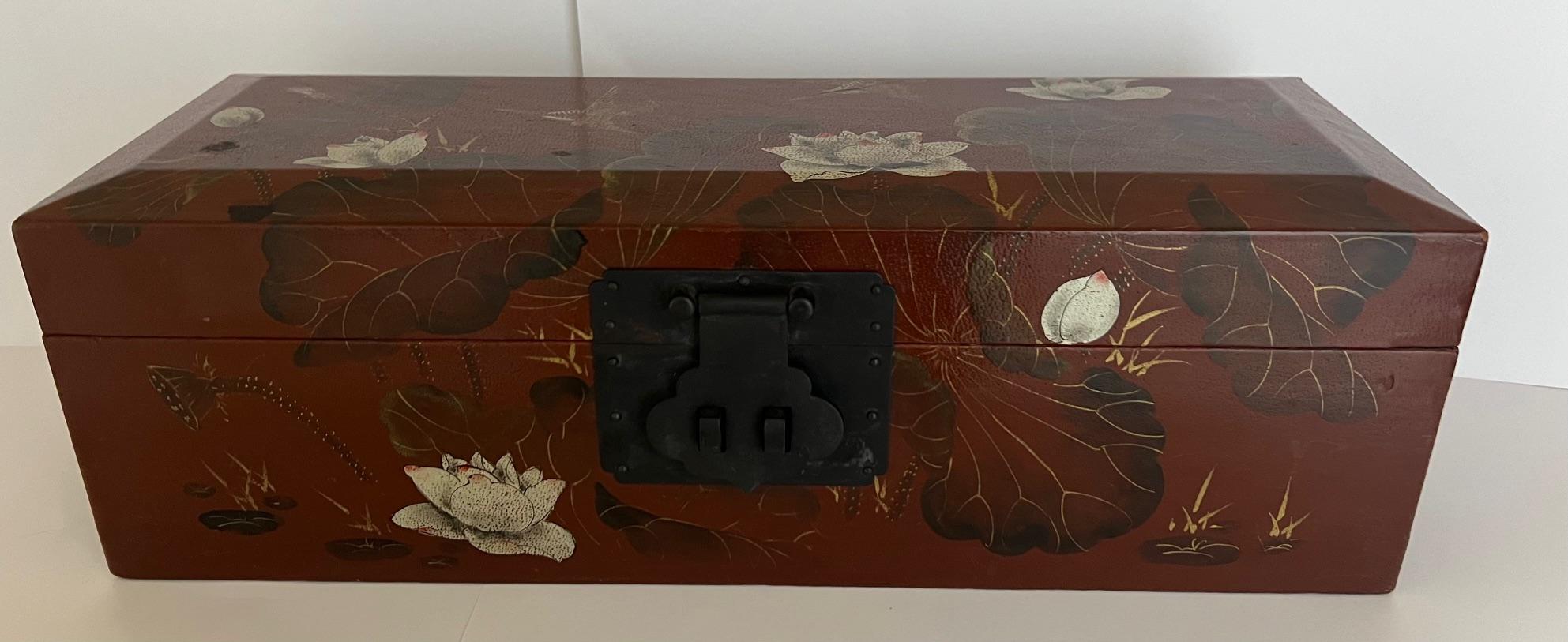 Hand Painted Leather Mounted Box with Metal Hardware For Sale 9