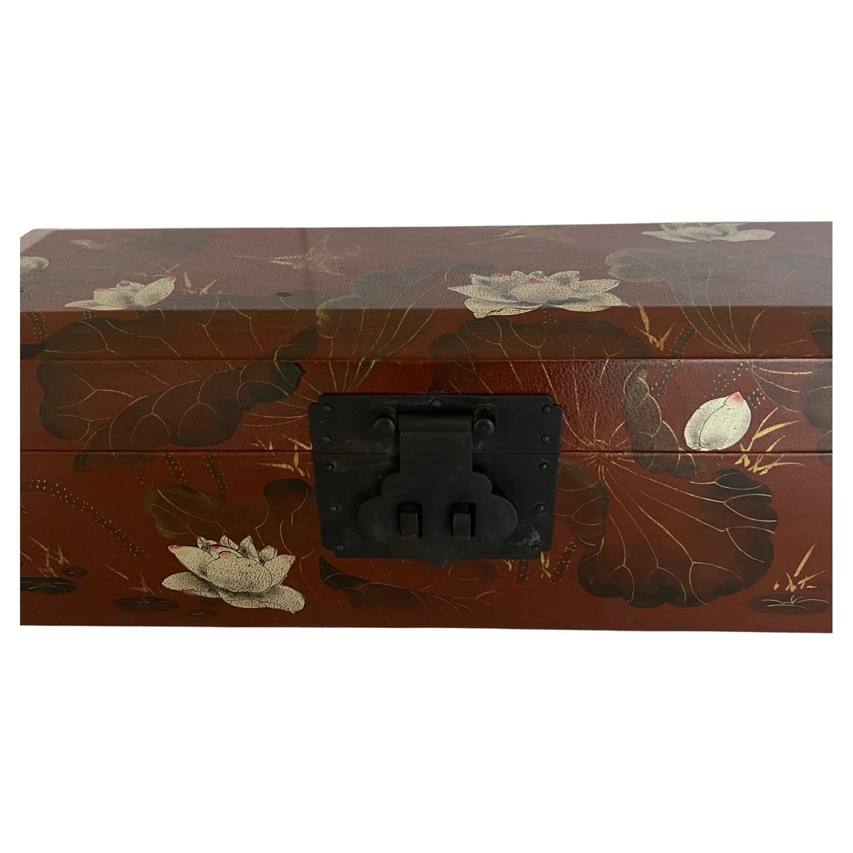 Chinese Export Hand Painted Leather Mounted Box with Metal Hardware For Sale