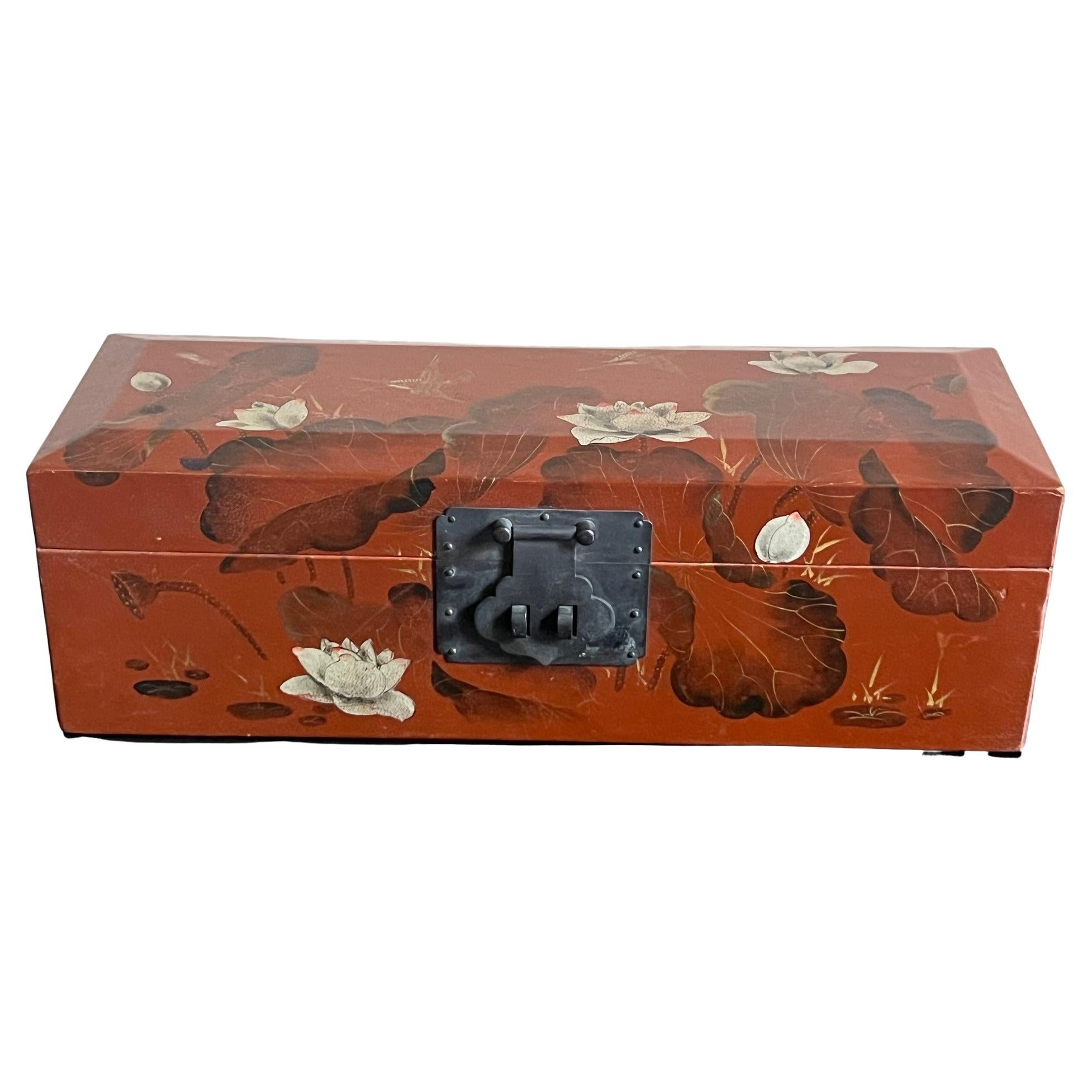 Chinese Hand Painted Leather Mounted Box with Metal Hardware For Sale