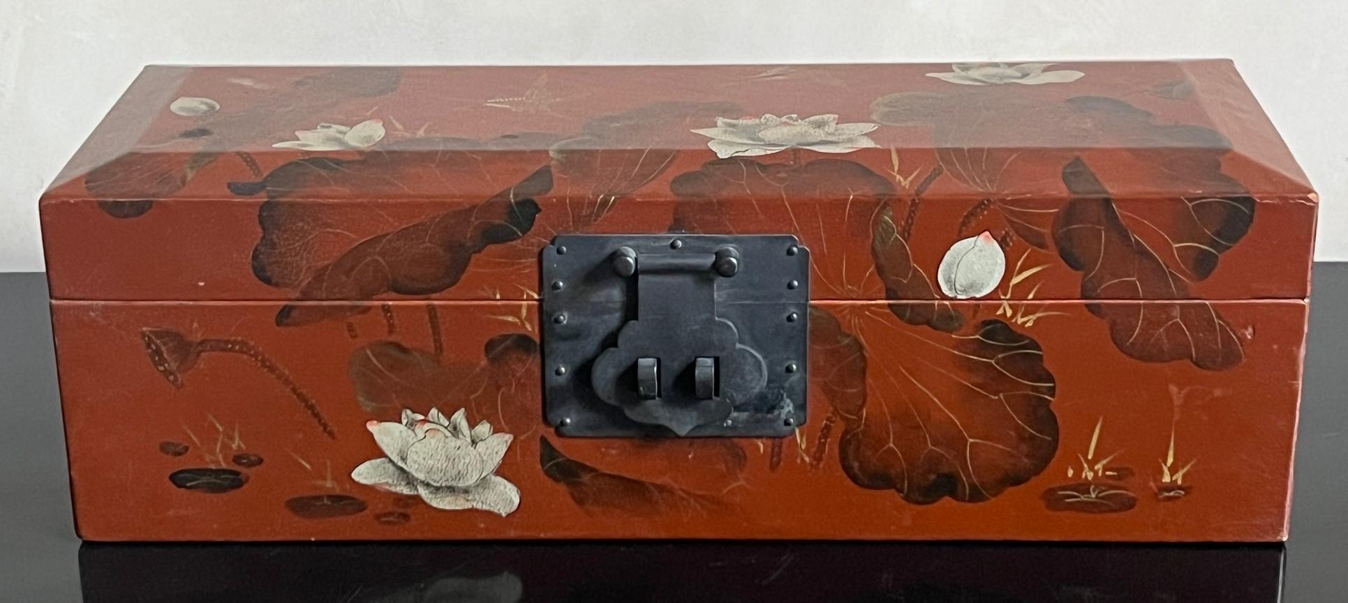 Hand Painted Leather Mounted Box with Metal Hardware In Good Condition For Sale In Ross, CA