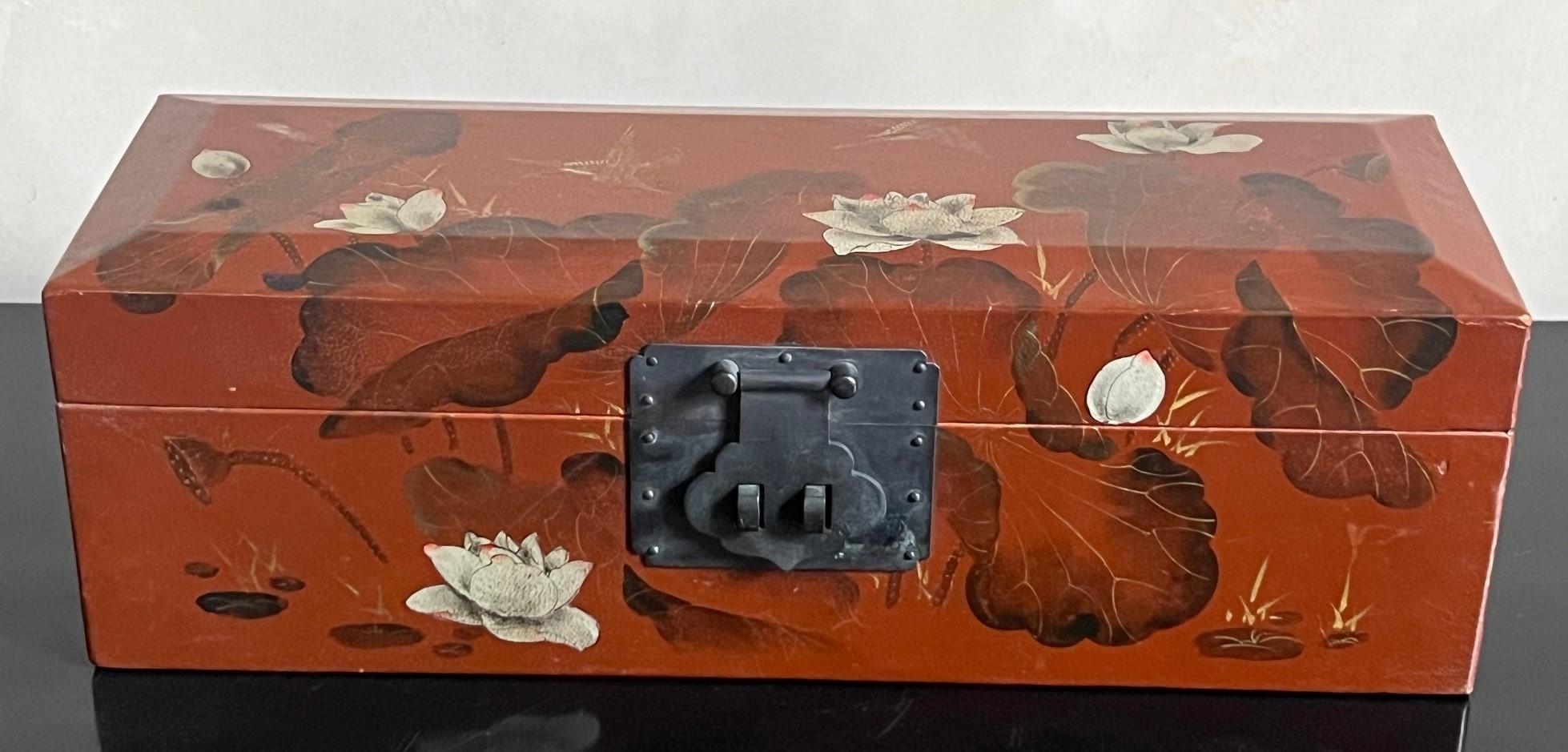 Contemporary Hand Painted Leather Mounted Box with Metal Hardware For Sale