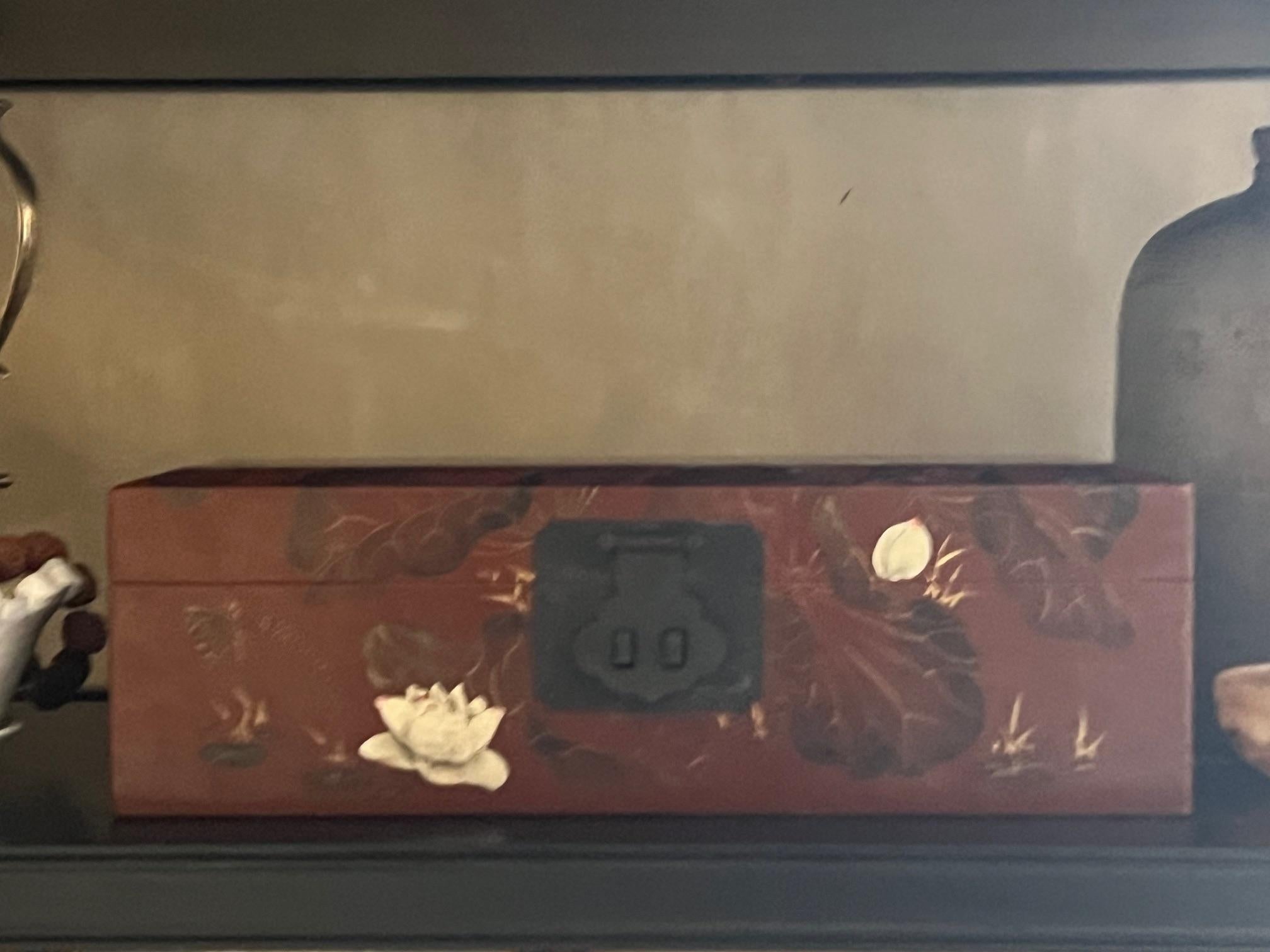 Hand Painted Leather Mounted Box with Metal Hardware For Sale 1