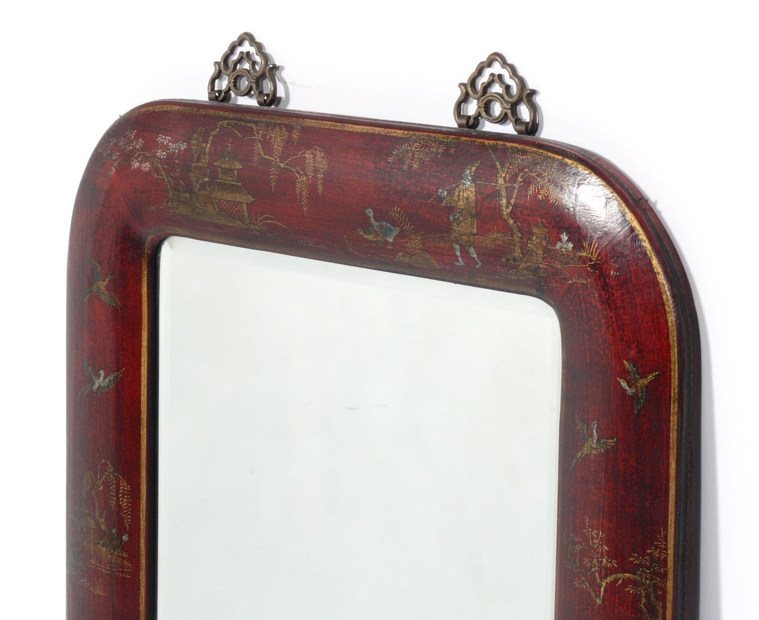 Hand painted leather over wood chinoiserie mirror, probably Chinese, circa 1950s. Retains warm original patina.