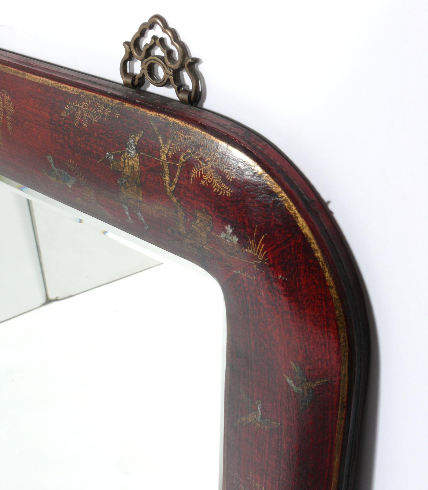 Chinese Hand Painted Leather Over Wood Chinoiserie Mirror For Sale
