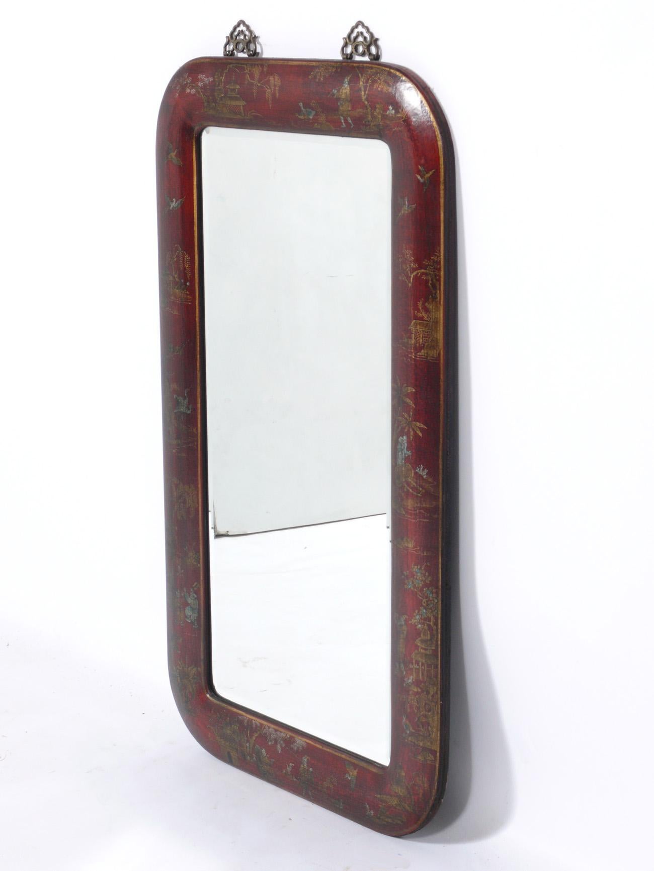 Hand Painted Leather Over Wood Chinoiserie Mirror In Good Condition For Sale In Atlanta, GA