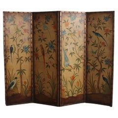 Antique Hand Painted Leather Screen