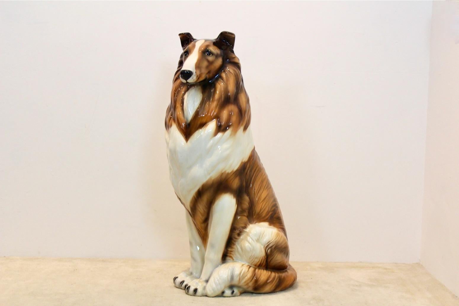 A stunning and rare Hand Painted Ceramic Collie by Ronzan Torino Italy (signed). Giovanni Ronzan and his brothers founded the Ronzan factory circa 1940s shortly after he had left his job as chief painter and ceramic modeler at the Lenci factory. The