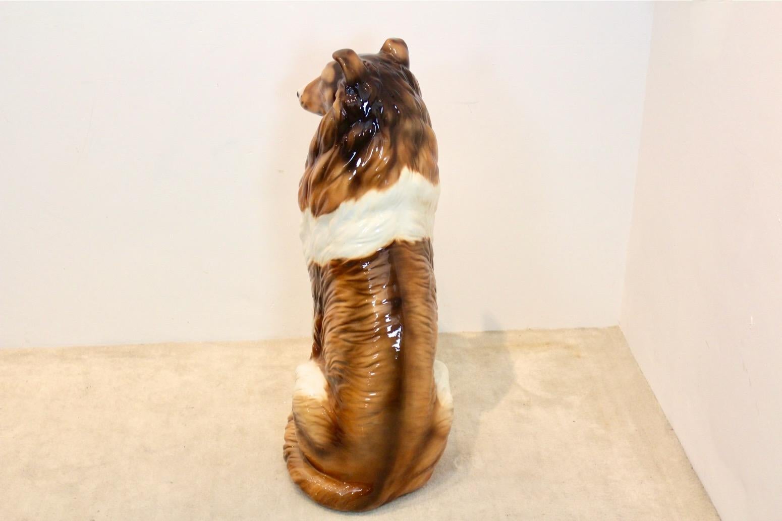 Mid-Century Modern Hand Painted Life Size Collie Lassie Sculpture by Ronzan, Italy 1970s