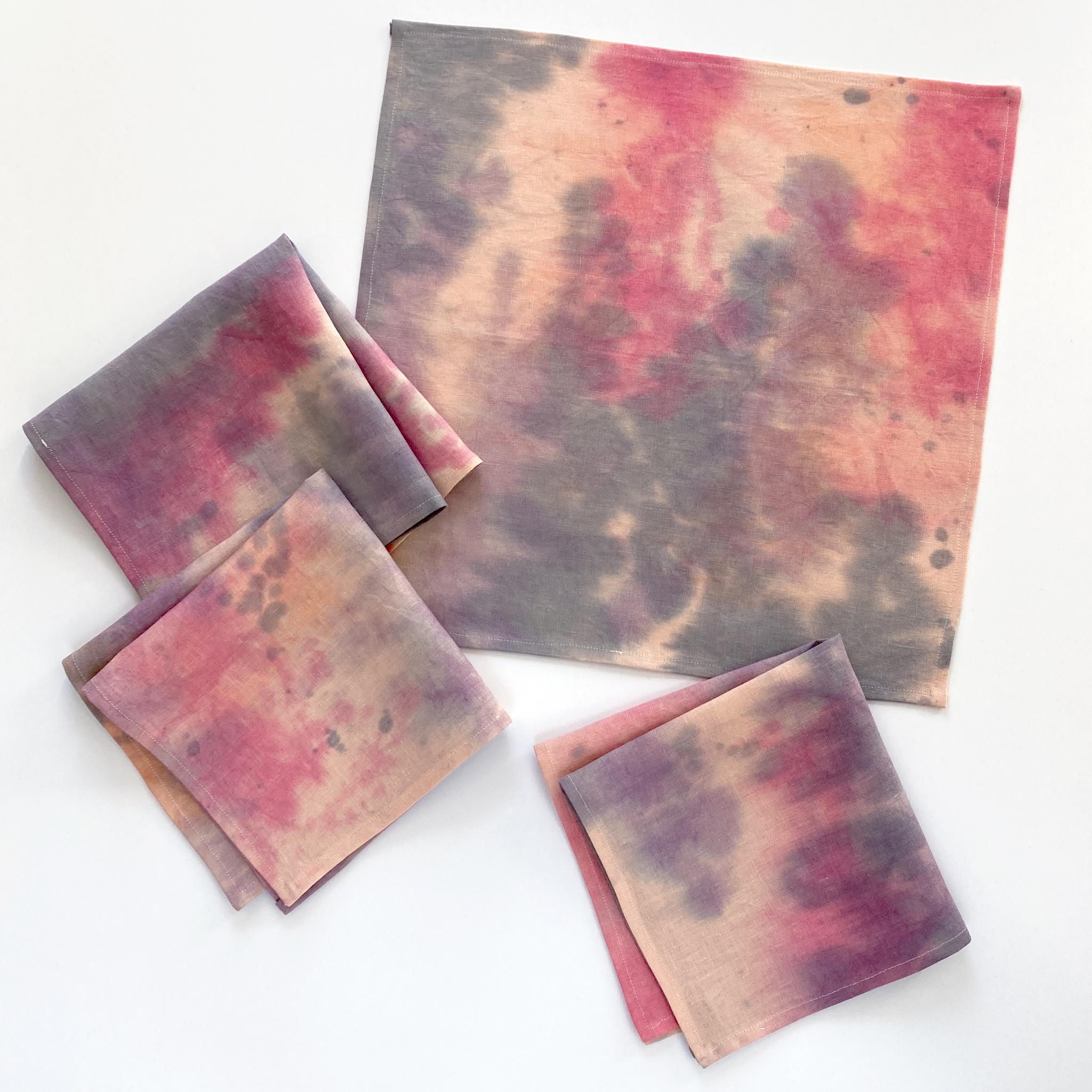 Rose linen napkins, set of four, with pink, grey and peach abstract pattern. Hand-painted and sewn in New York City. Each napkin measures approximately 18 x 18 inches. Each linen napkin is hand dyed and one of a kind. 

This series is inspired by