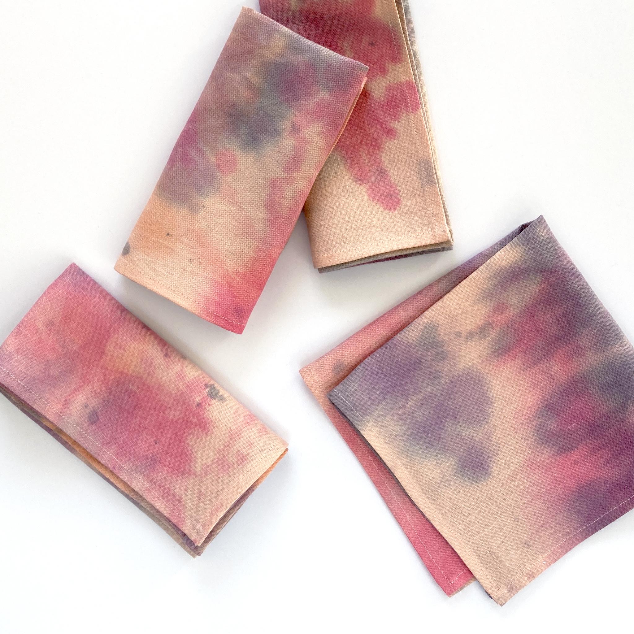 Modern Hand Painted Linen Napkins, Abstract Rose Pink Gray & Navy, Set of Four For Sale